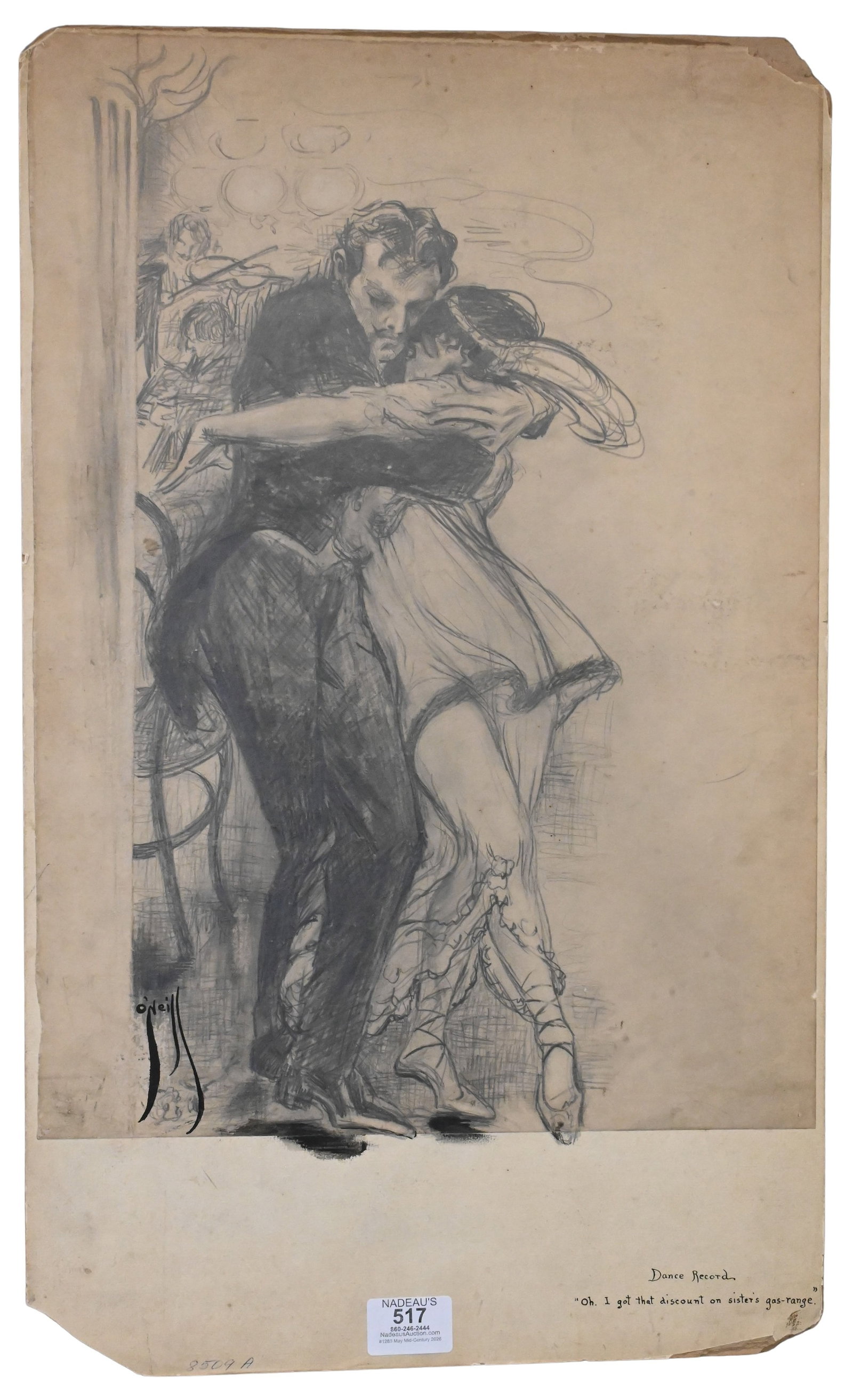 Rose O'Neill (American 1874-1944): Rose O'Neill (American 1874-1944) "Dance Record" (Oh. I got that discount on sister's gas-range) Pen and ink, pencil on paper, illustration drawing depicting a dancing couple in close embrace,