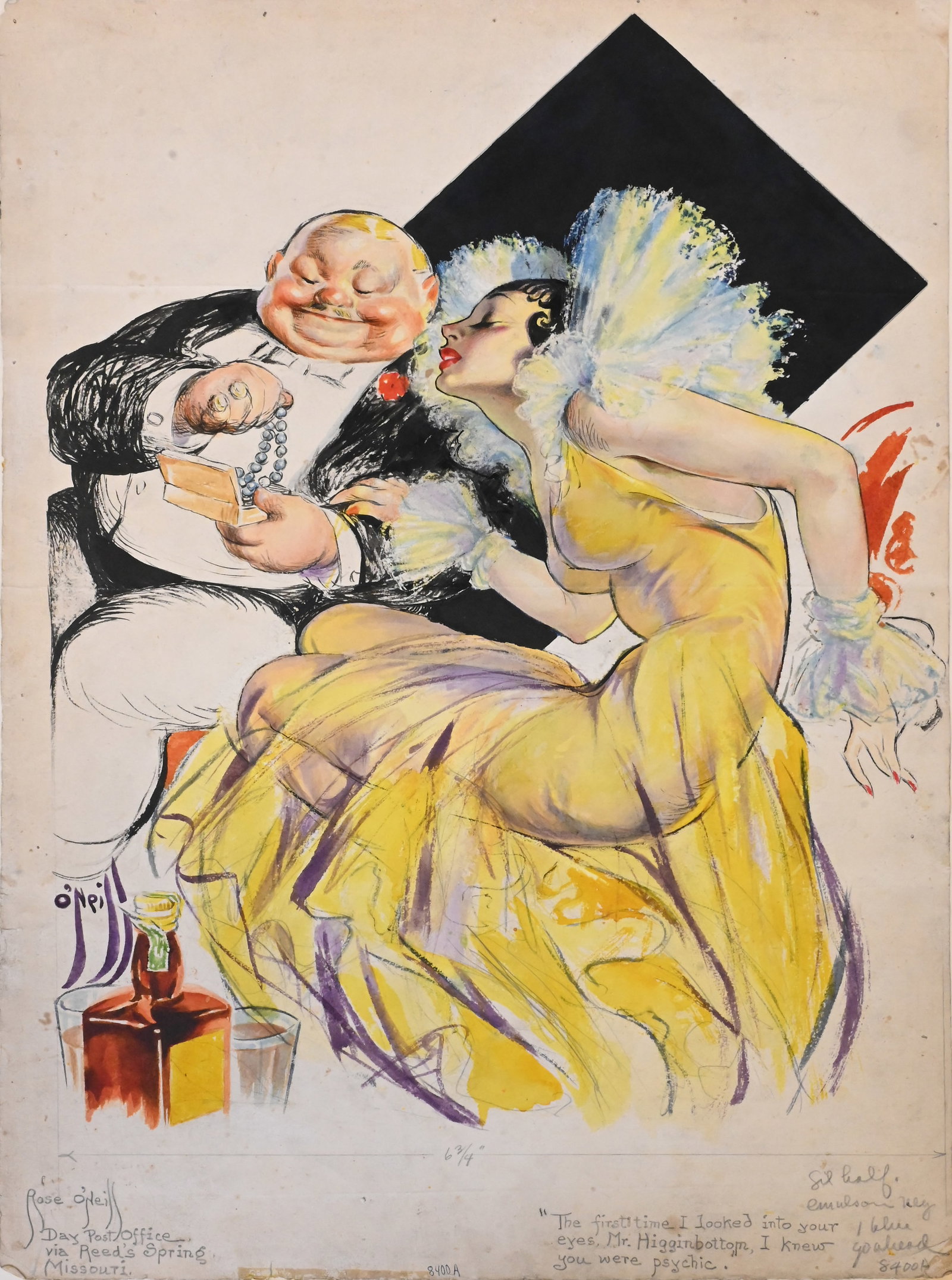 Rose O'Neill (American 1874-1944): Rose O'Neill (American 1874-1944) "The first time I looked into your eyes, Mr. Higginbottom, I knew you were psychic." Watercolor and ink on paper, illustration depicting a seated couple in animated