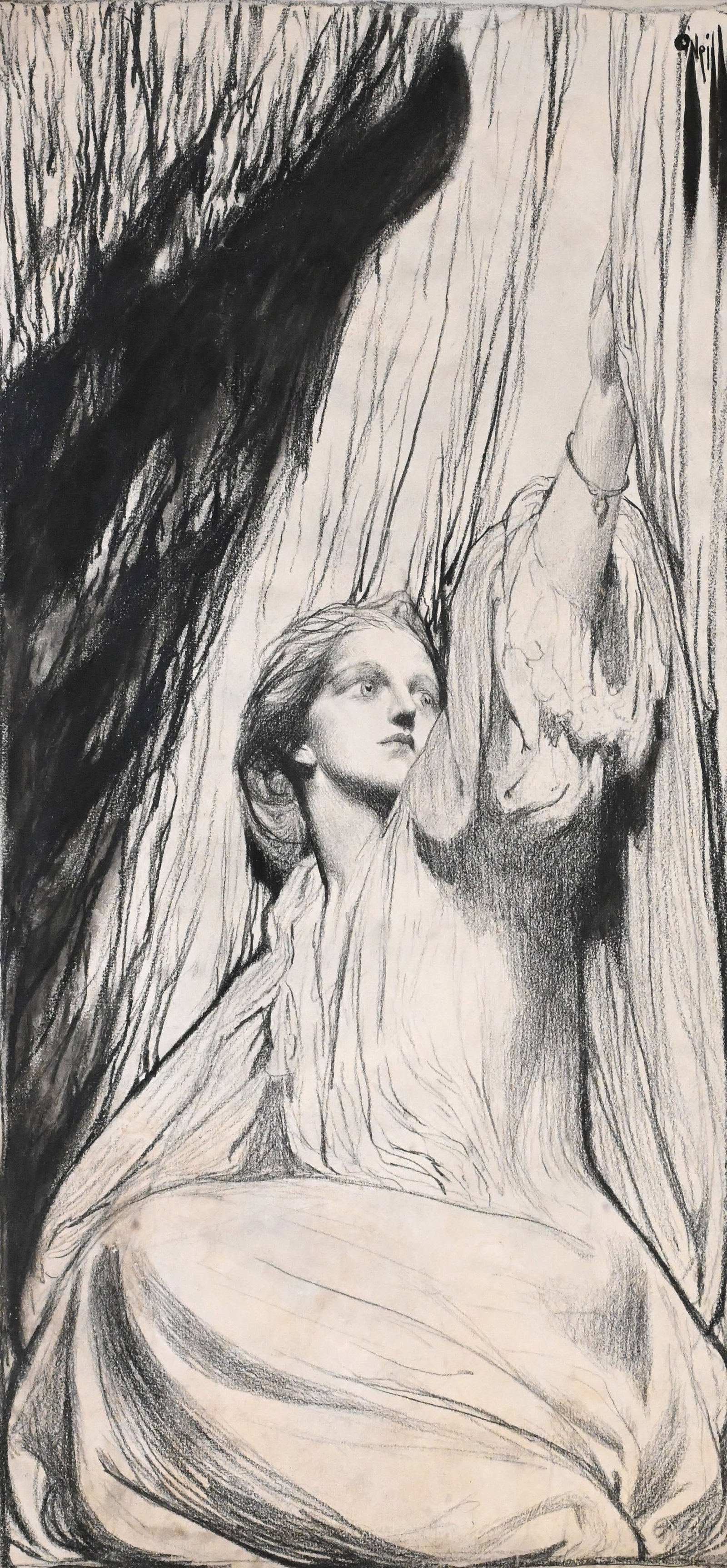 Rose O'Neill (American 1874-1944): Rose O'Neill (American 1874-1944) "Christabel" (Christabel sat down all in a heap and looked about her) Charcoal on paper, illustration study depicting a seated female figure reaching upward,