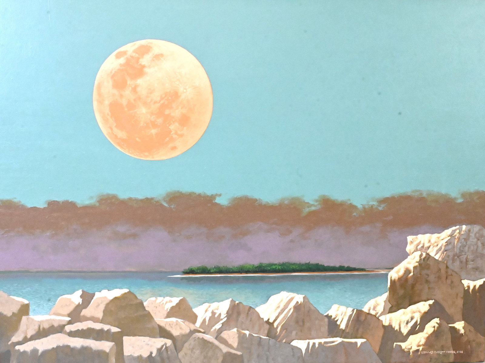 Leonard Everett Fisher (American 1924-2024): Leonard Everett Fisher (American 1924-2024) "Cockenoe Island Moonrise", 2008 Acrylic, polymer emulsion on canvas Signed and dated verso Leonard Everett Fisher 36" x 48" Provenance: Property sold to