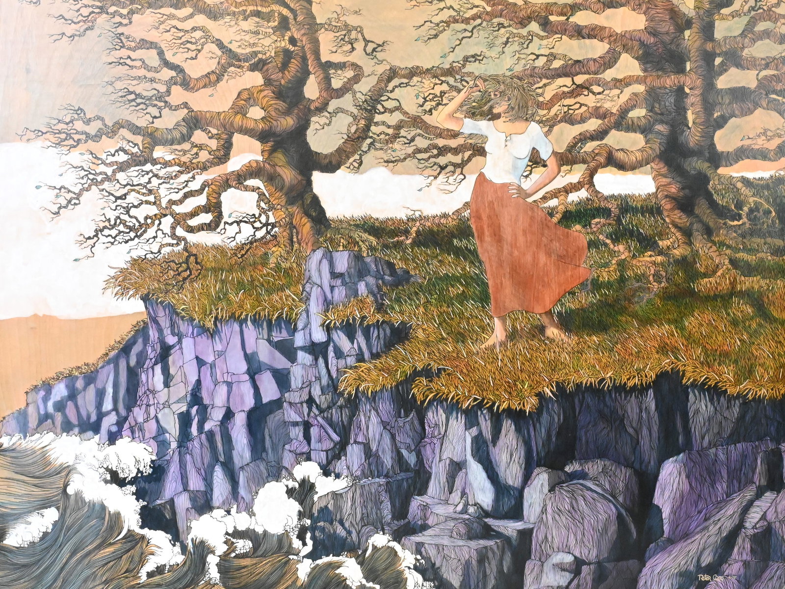 Peter Coes (American B.1946): Peter Coes (American B.1946) "Girl on the Cliff", 1975 Tempera on board Signed and dated lower right Peter Coes 75 36" x 48" Provenance: Arts Exclusive, 6/04/1975 ($425)