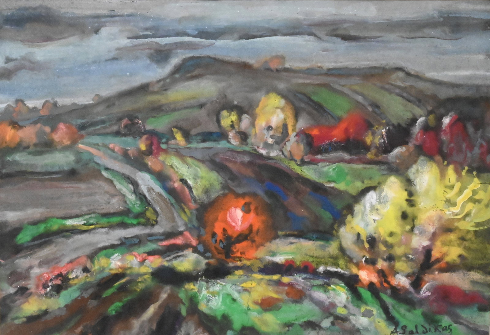 Adomas Galdikas (Lithuanian/American 1893-1969): Adomas Galdikas (Lithuanian/American 1893-1969) Autumn Landscape with Rolling Fields depicting a winding country road under a cloudy sky, rendered in bold, expressive brushwork with vibrant autumnal