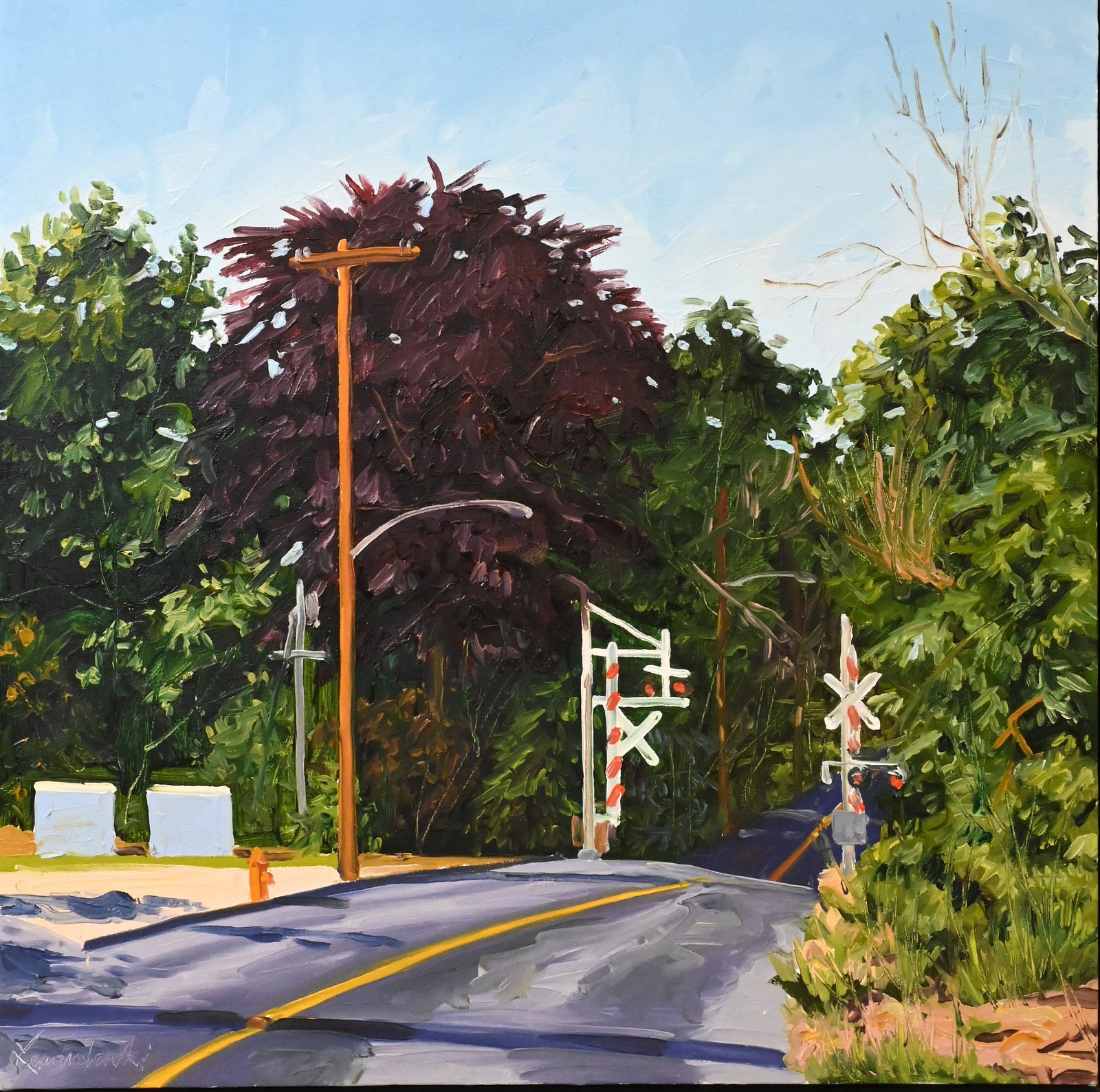 Niles Lewandowski (American 20th/21st Century): Niles Lewandowski (American 20th/21st Century) "Railroad Crossing", Oil on canvas Signed lower left Lewandowski, signed verso 28" x 28" canvas Provenance: Property from a Private Collection Gross