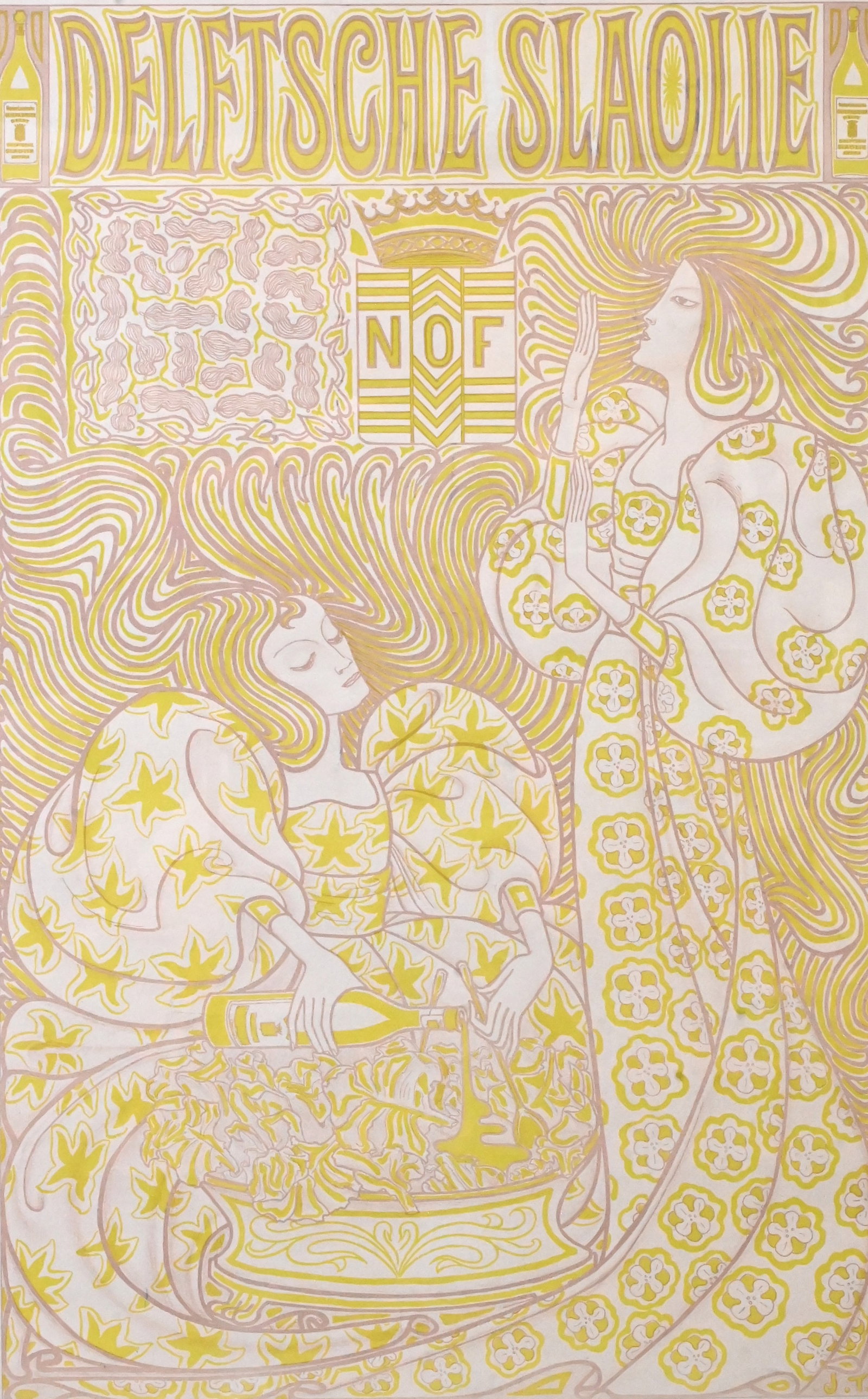 Jan Toorop (Dutch 1858-1928): Jan Toorop (Dutch 1858-1928) "Deltsche Slaolie", 1895 Lithograph advertisement poster depicting stylized female figures in flowing Art Nouveau design, created for the Dutch oil company Nederlandse
