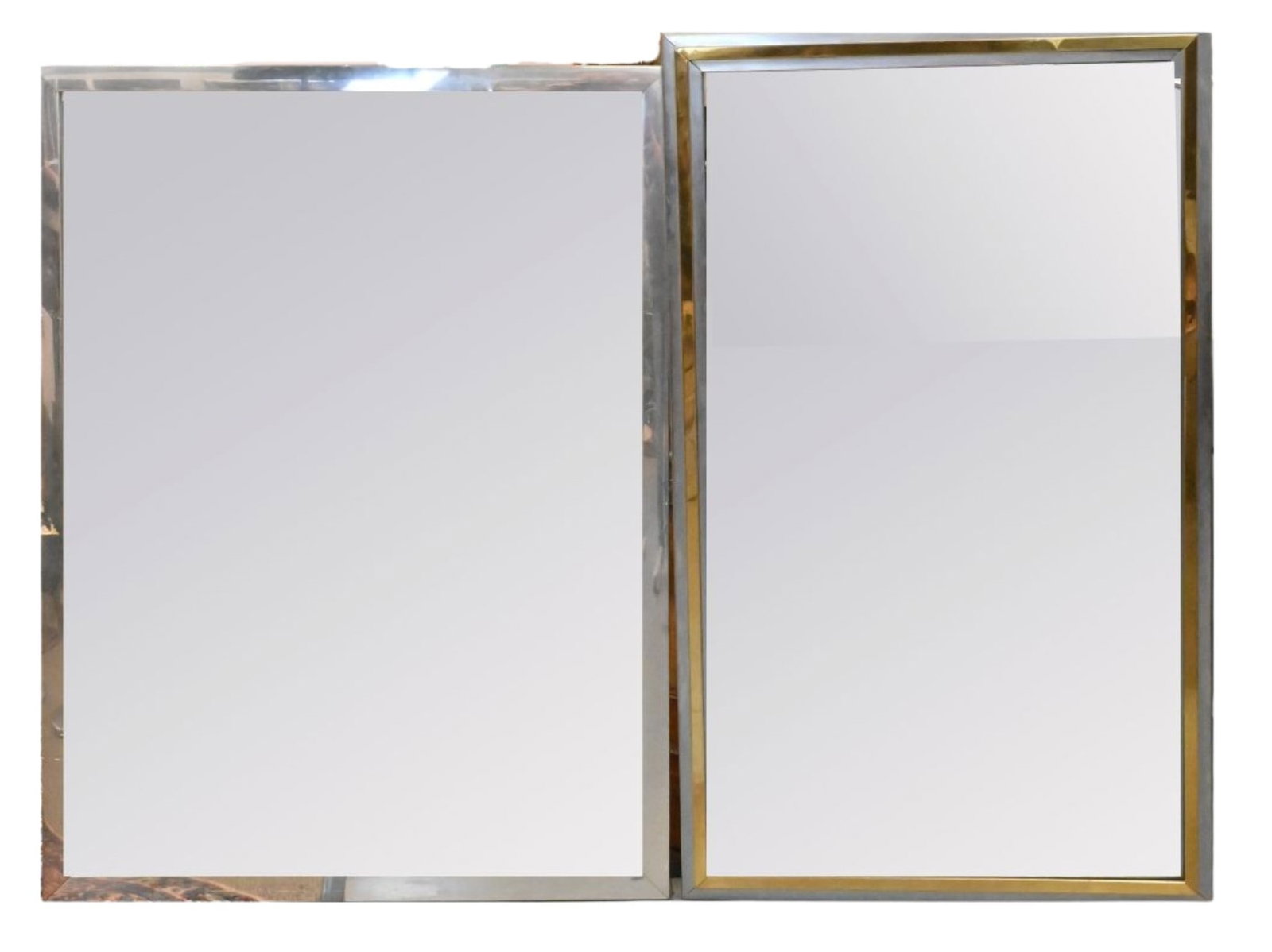 Two Large Maison Jansen Style Chrome Mirrors: Two Large Maison Jansen Style Chrome Mirrors one having brass and chrome frame 50" x 30". 48" x 36"