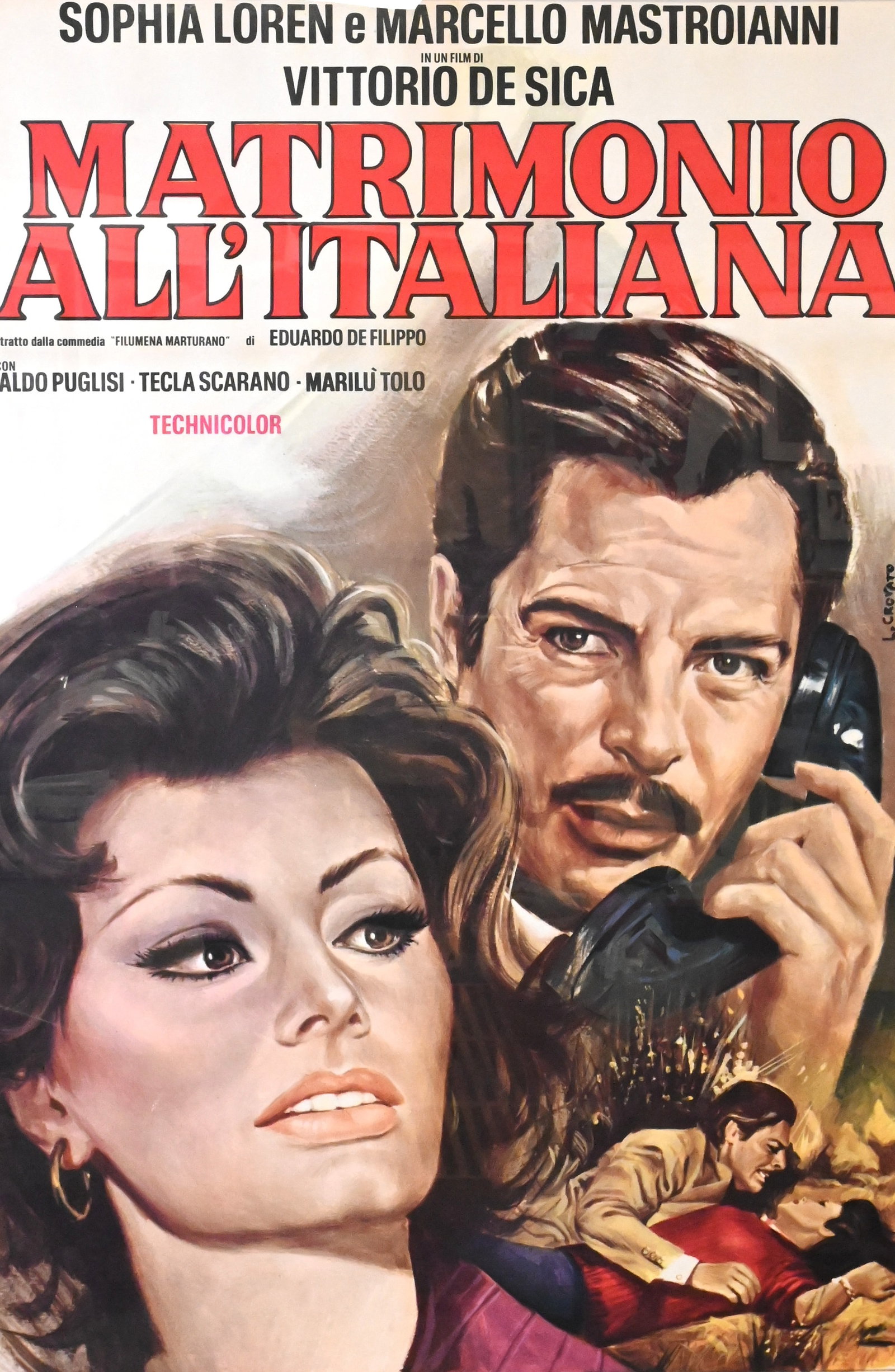 Luciano “Luca?? Crovato (Italian, 20th century): Luciano "Luca" Crovato (Italian, 20th century) "Matrimonio all'Italiana (Marriage Italian Style)", 1968 (after 1964) Silkscreen on paper movie poster Signed in plate 52 1/2" x 38 3/4" sight, 60 1/2"