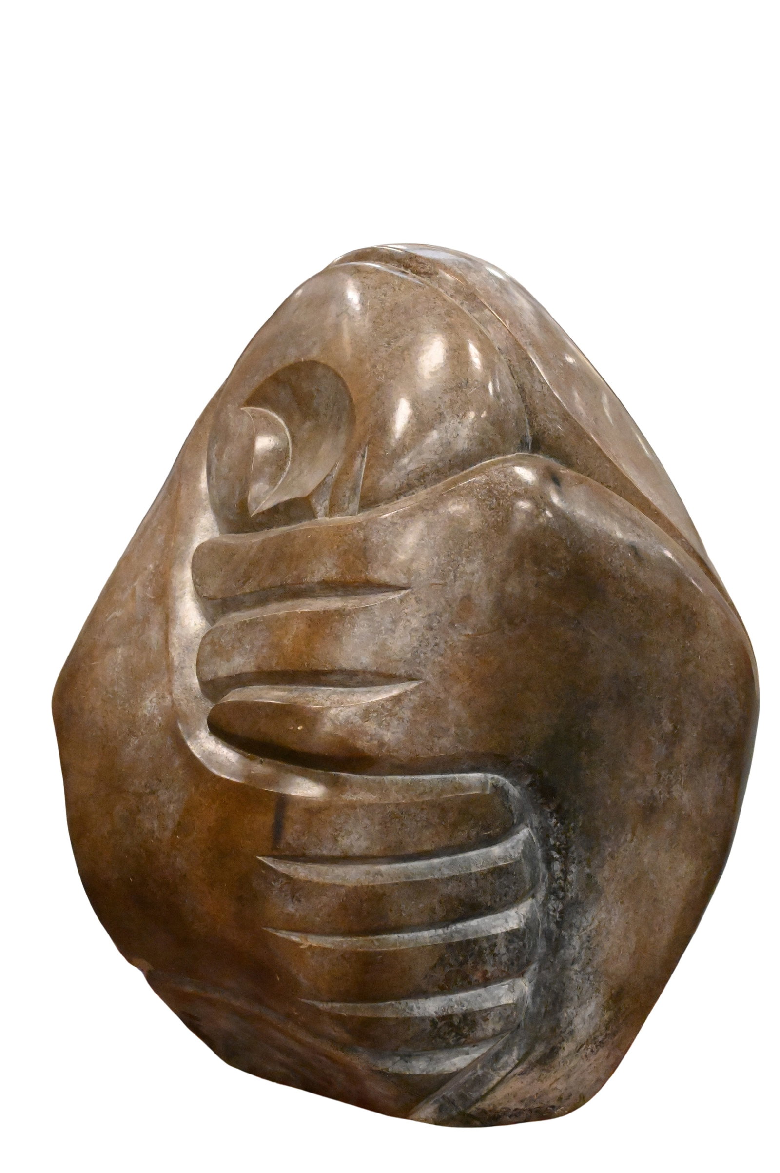 Richard Mteki (Zimbabwean B.1947): Richard Mteki (Zimbabwean B.1947) "Sheltering My Soul" Carved stone sculpture Signed R. Mteki to base Height 26 inches, width 22 inches, depth 14 inches