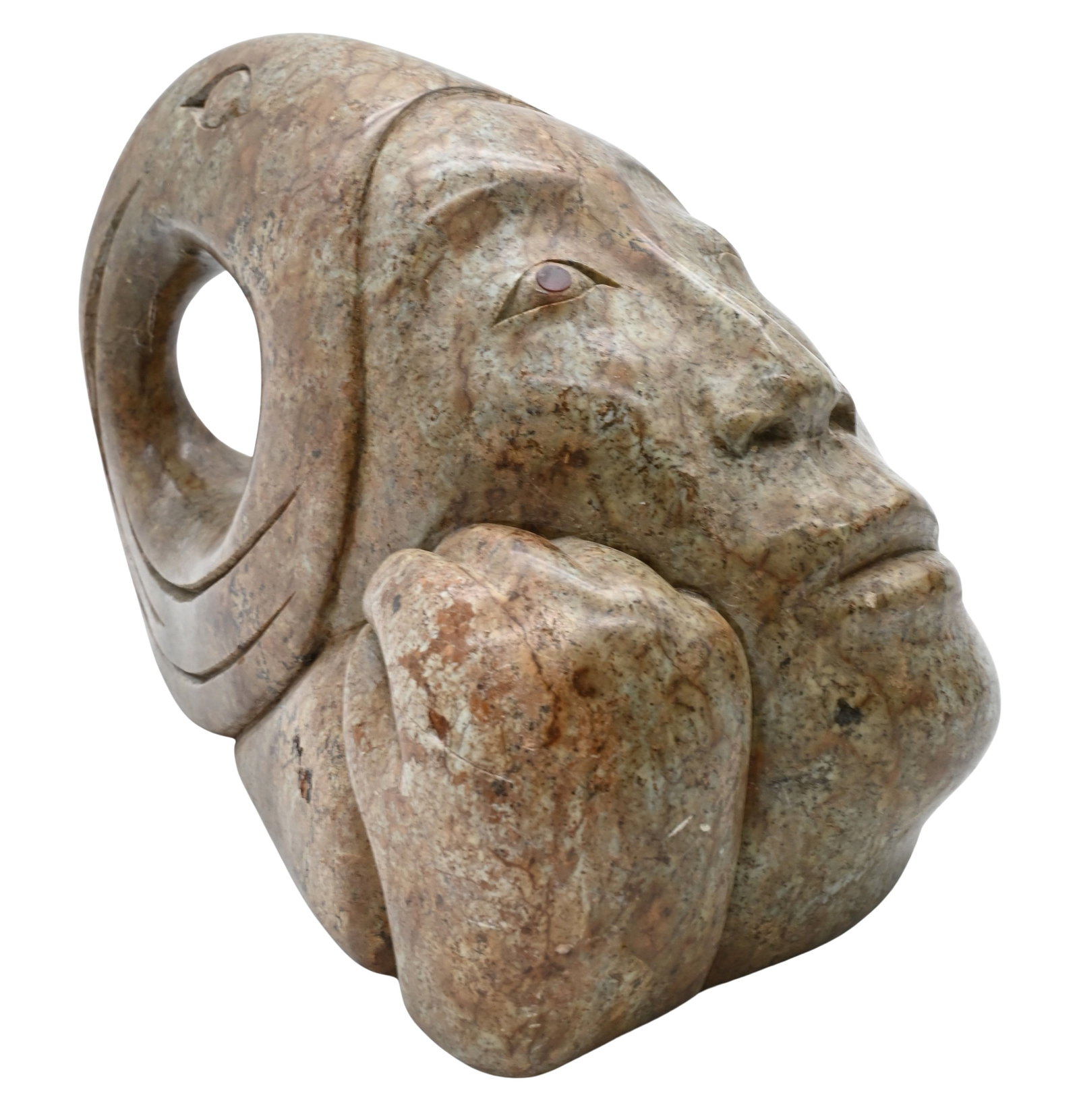 Abraham Anghik Ruben (Canadian Inuit B.1950): Abraham Anghik Ruben (Canadian Inuit B.1950) Woman Transformation, 1995 Carved soapstone and catlinite bust Signed and dated to underside Anghik 1995 along with carving number Height 6 1/2 inches, len
