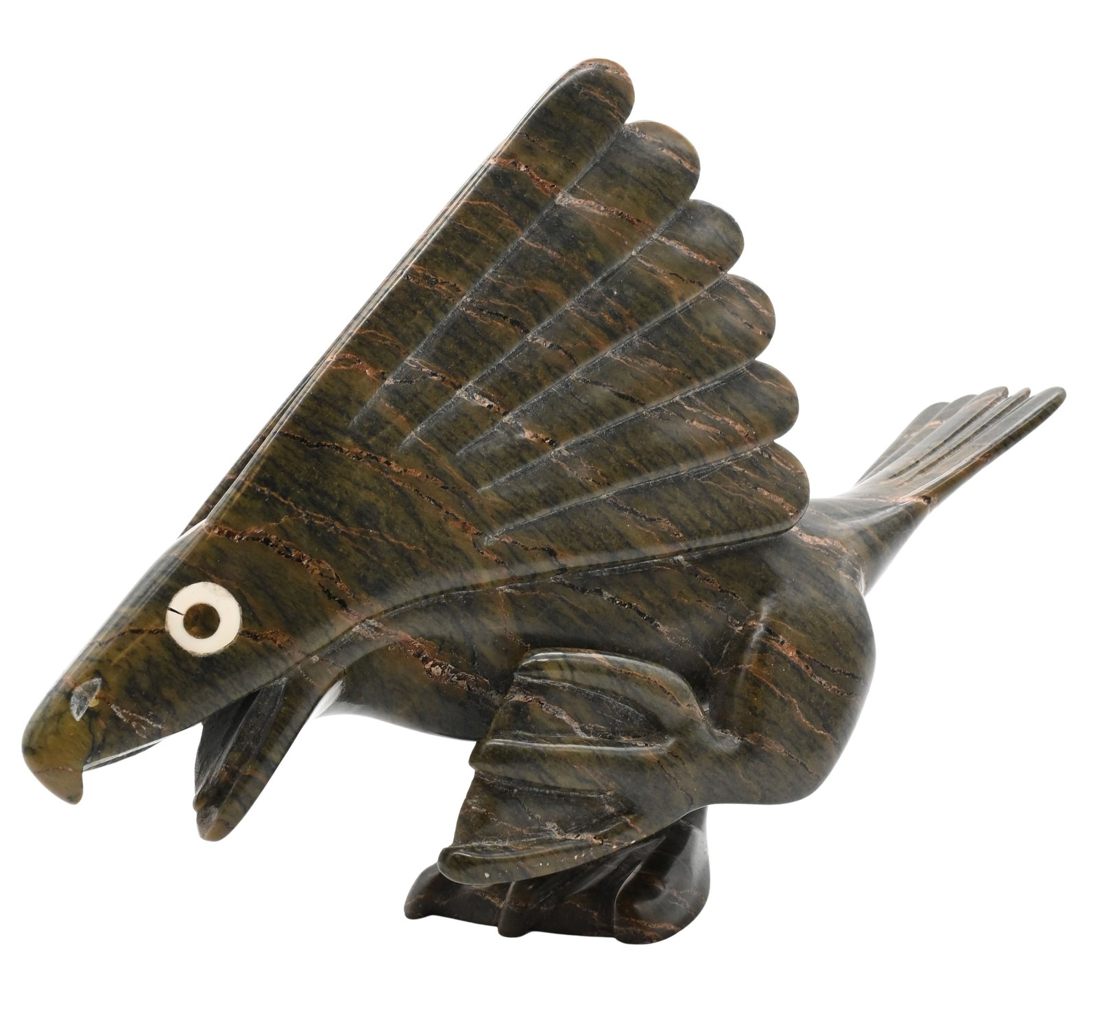 Toonoo Sharky (Canadian Inuit, Cape Dorset B.1970): Toonoo Sharky (Canadian Inuit, Cape Dorset B.1970) Bird, 1997 Carved green serpentine stone sculpture depicting an eagle or hawk with upswept wings, having incised features and inset eyes Signed and