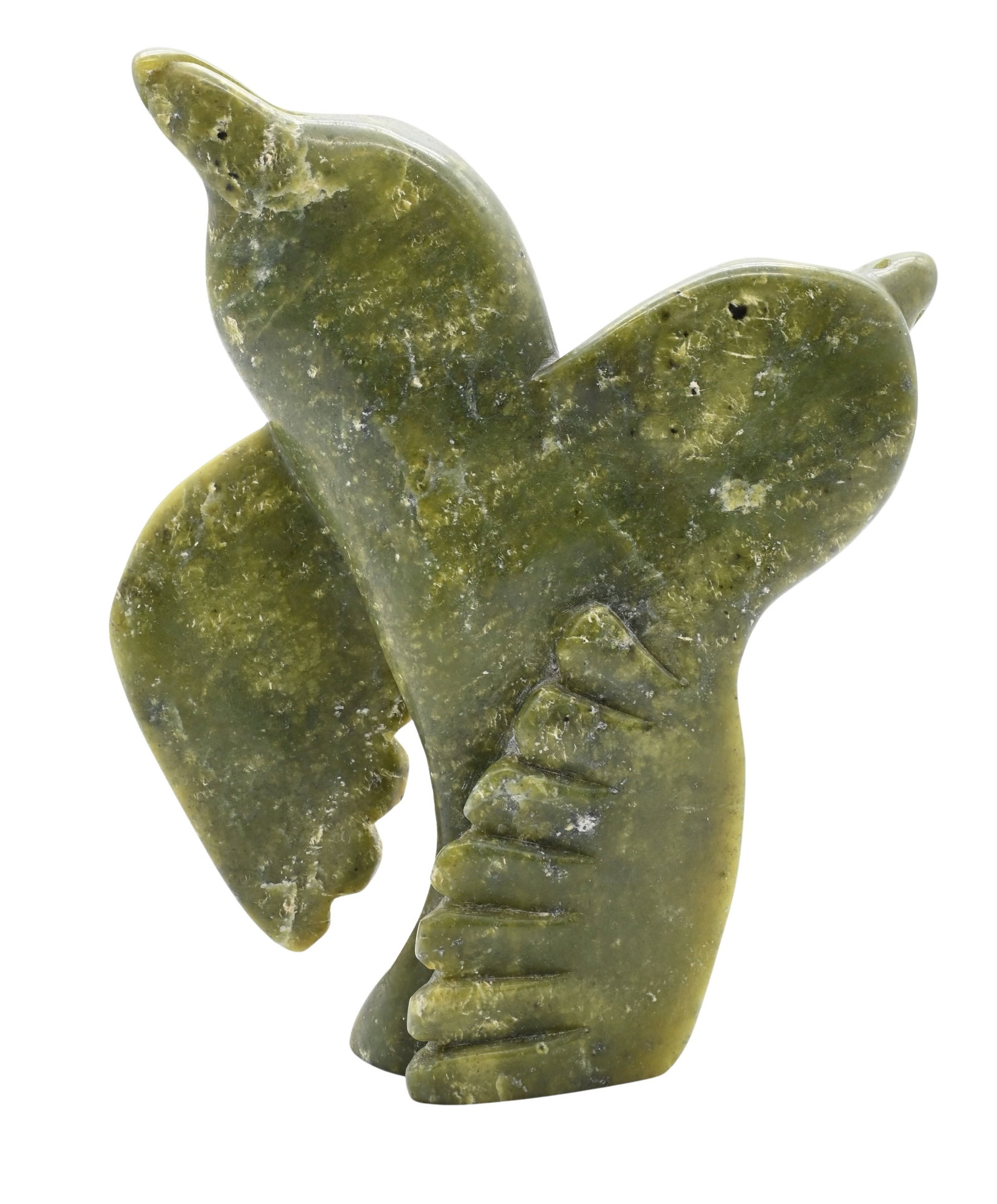 Toonoo Sharky (Canadian Inuit, Cape Dorset B.1970): Toonoo Sharky (Canadian Inuit, Cape Dorset B.1970) Two Headed Bird Transformation, 1995 Carved green soapstone sculpture Signed and dated to underside T Sharky 1995, signed in Inuktitut Height 8 1/2