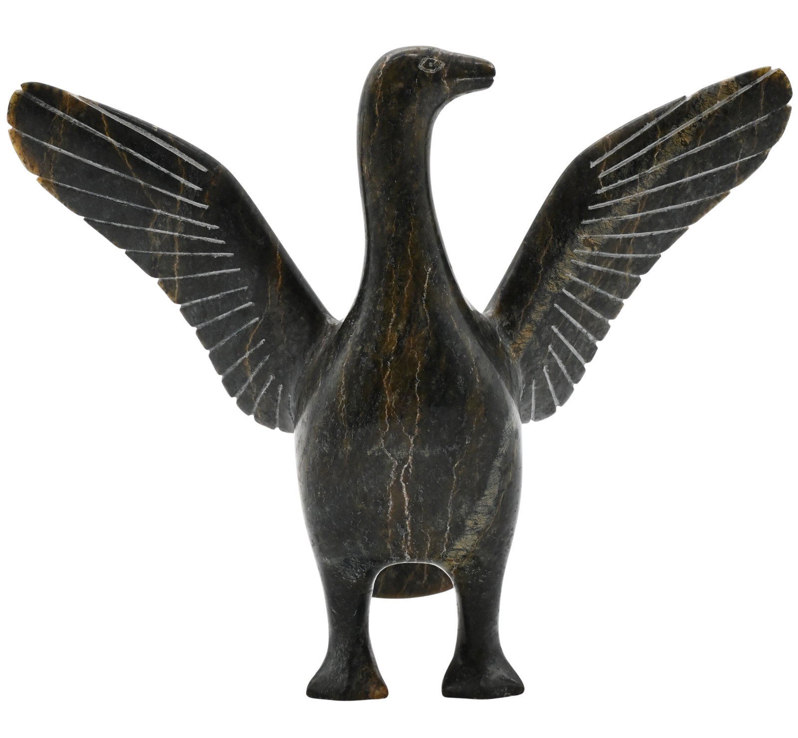 Abraham Etungat (Canadian Inuit, Cape Dorset 1911-1999): Abraham Etungat (Canadian Inuit, Cape Dorset 1911-1999) "Bird of Spring" circa 1980s Carved soapstone Signed to underside in Inuktitut Height 6 inches, width 7 1/2 inches Purchased for ($1,276)