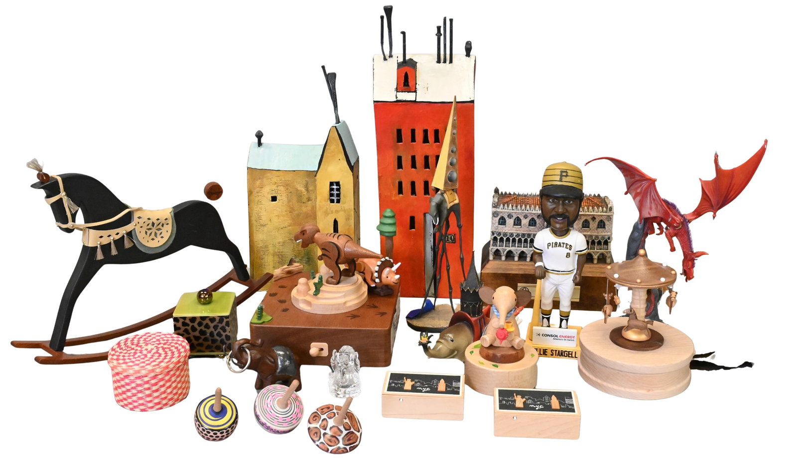 Group of Assorted Collectibles and Decorative Objects: Group of Assorted Collectibles and Decorative Objects to include Wooderful Life group of a dinosaur music box, carousel music box, elephant music box, two New York City boxes and three wooden top