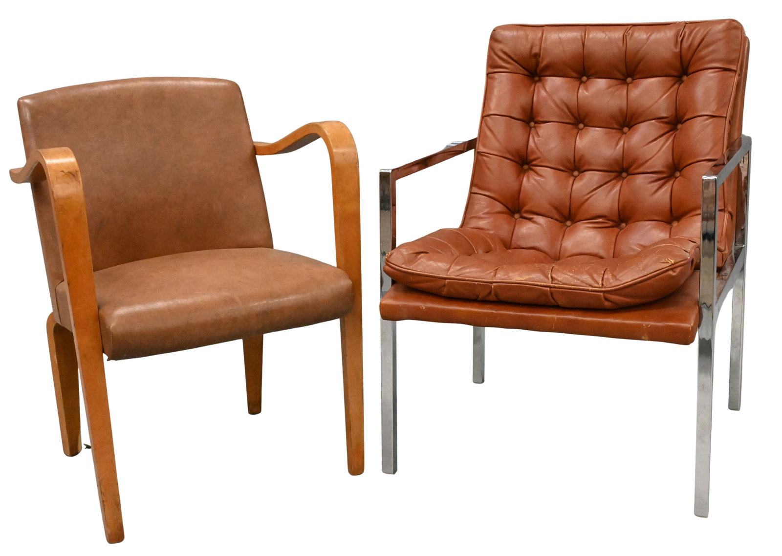 Two Mid Century Modern Leather Chairs: Two Mid Century Modern Leather Chairs Including a tufted brown leather lounge chair having chrome supports, height 32 inches, along with a tan leather lounge chair having a curved back and and shaped 