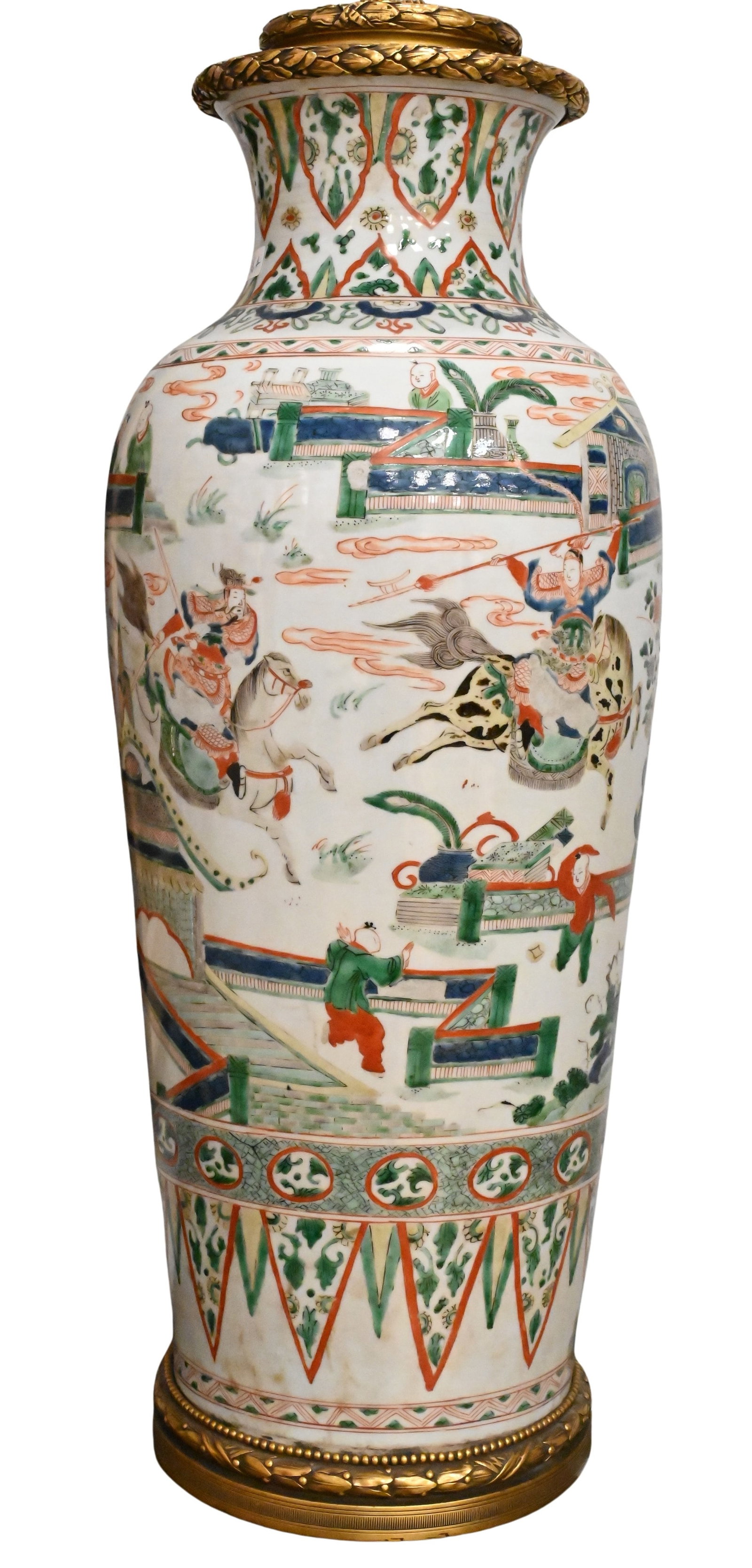 Chinese Famille Vert Vase Mounted as a Lamp: Chinese Famille Vert Vase Mounted as a Lamp Baluster-form jar decorated in famille verte enamels featuring figures and horses in a landscape and architectural setting, having bands of geometric and fl