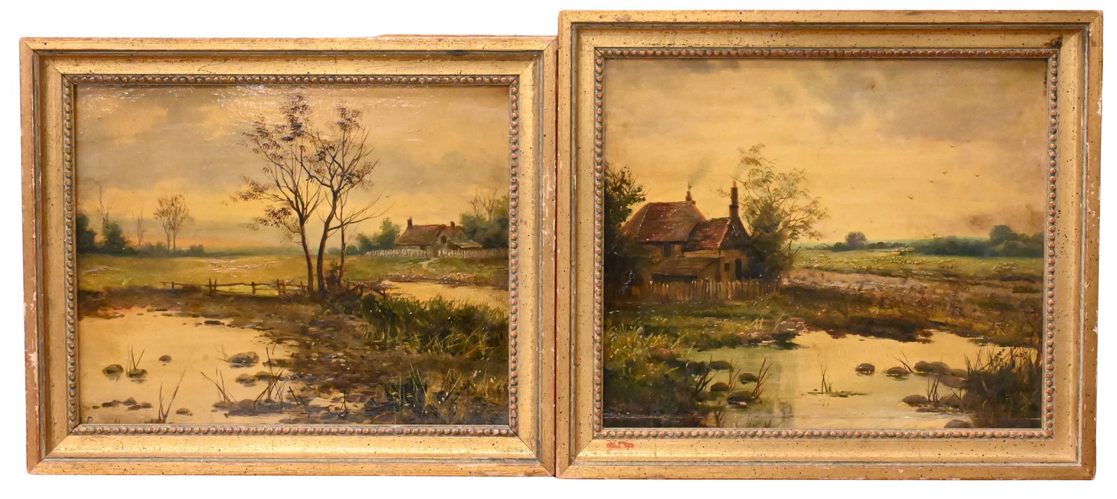 Two: Henry Pascall (19th Century): Two: Henry Pascall (19th Century) Continental Countryside Landscapes Both oil on board set within gilt frames, each depicting a rural landscape with cottages, trees, and a stream, rendered in warm ton