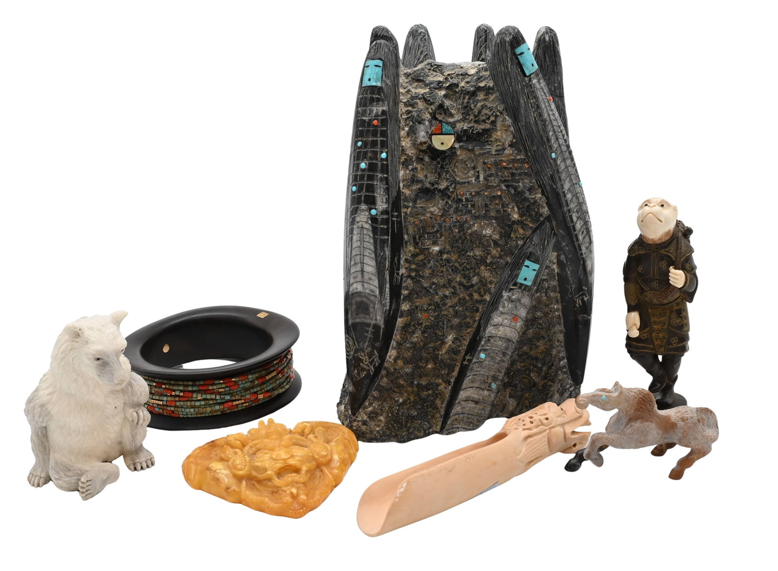 Small Hand Carved Zuni Fetish and Asian Figural Grouping: Small Hand Carved Zuni Fetish and Asian Figural Grouping to include attributed to the Quandelacy family, Corn Maiden Group, carved orthoceras fossil and inlaid turquoise, marked to underside, height 7