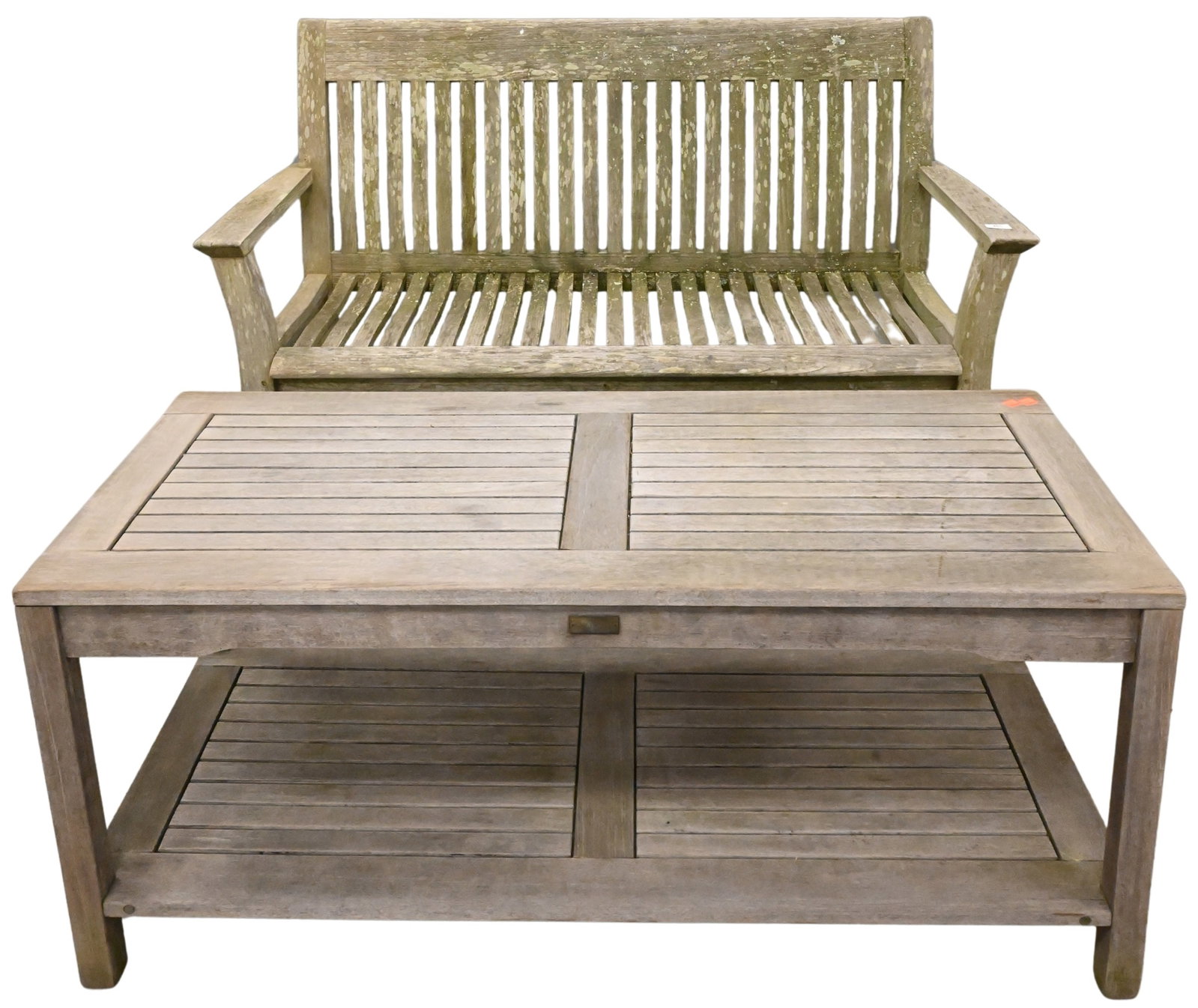 Two Piece Outdoor Teak Lot: Two Piece Outdoor Teak Lot to include two seat bench along with coffee table bench height 37 inches, length 53 inches