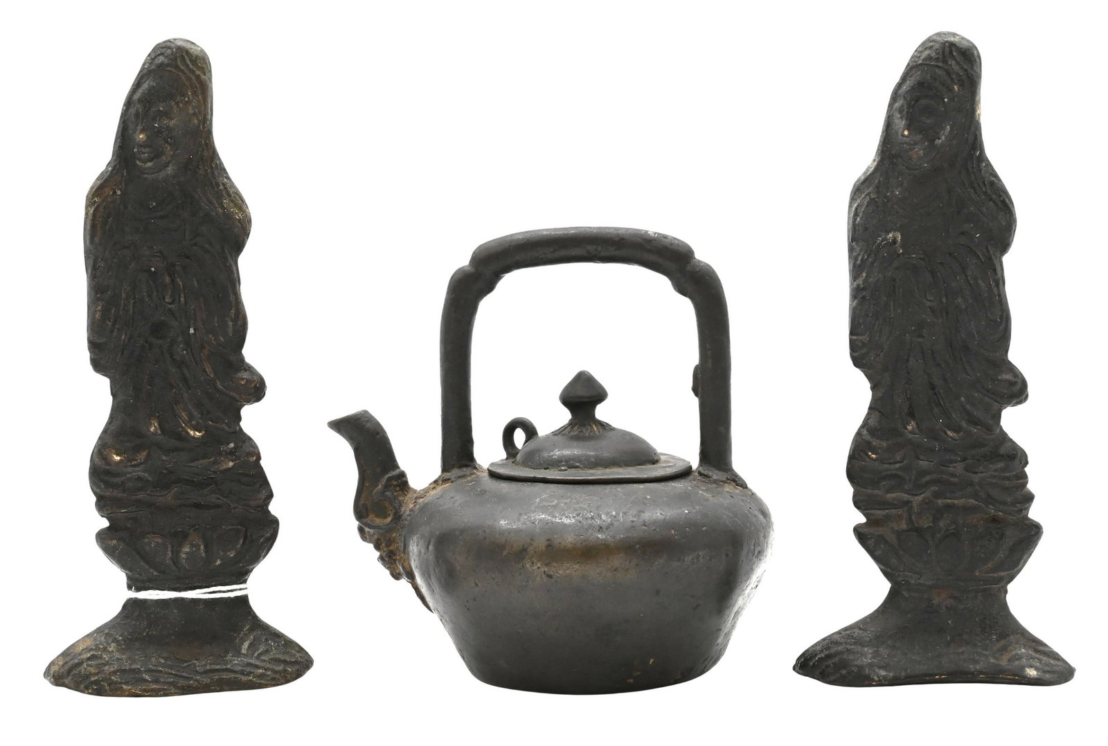 Three Piece Chinese Bronze Group: Three Piece Chinese Bronze Group to include Asian Bronze Teapot small cast bronze teapot of globular form having upright handle and short spout, fitted domed lid, surface in dark patina and wear consi