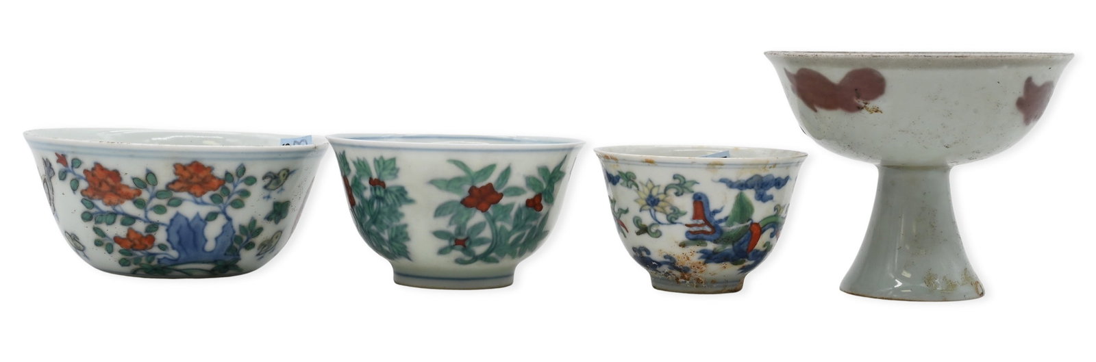 Four Chinese Chenghua Style Miniature Cups: Four Chinese Chenghua Style Miniature Cups to include one underglaze red stem bowl decorated by three fish, bearing a double circle mark to cup interior, one doucai chicken cup decorated by a rooster,