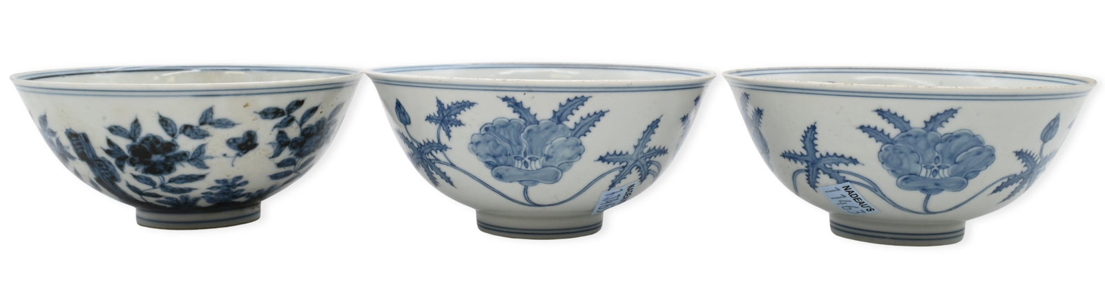 Three Chinese Chenghua Style Blue and White Bowls: Three Chinese Chenghua Style Blue and White Bowls to include one example decorated by scrolling floral motifs, double circle mark to underside, and a pair of examples decorated by a gardenia pattern, 
