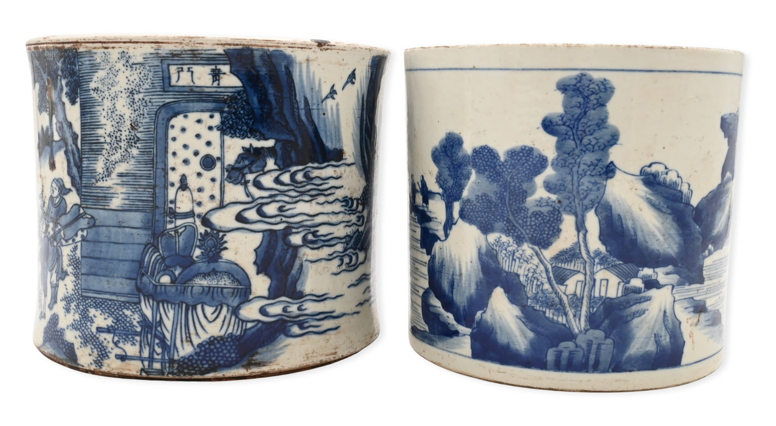 Two Chinese Blue and White Porcelain Brush Pots: Two Chinese Blue and White Porcelain Brush Pots to include one Kangxi style example decorated by a continuous landscape scene accompanied by excerpts from the Lanting Xu (Preface to the Orchid Pavilio