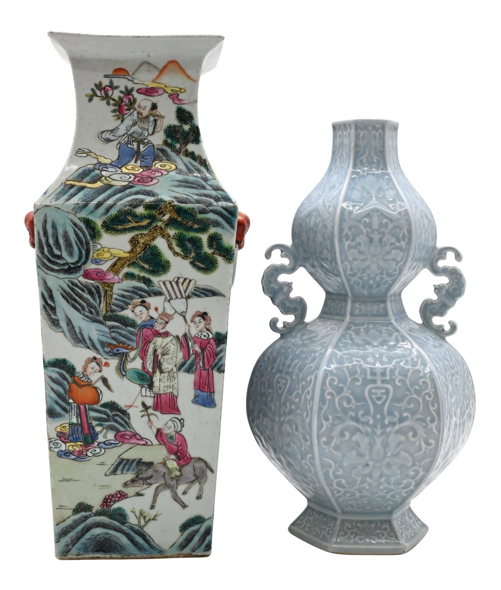 Two Chinese Porcelain Vases: Two Chinese Porcelain Vases to include one Qianlong style clair-de-lune glazed octagonal double gourd vase flanked by bat-form handles, bearing an incised mark to the underside, height 13 1/2 inches, 