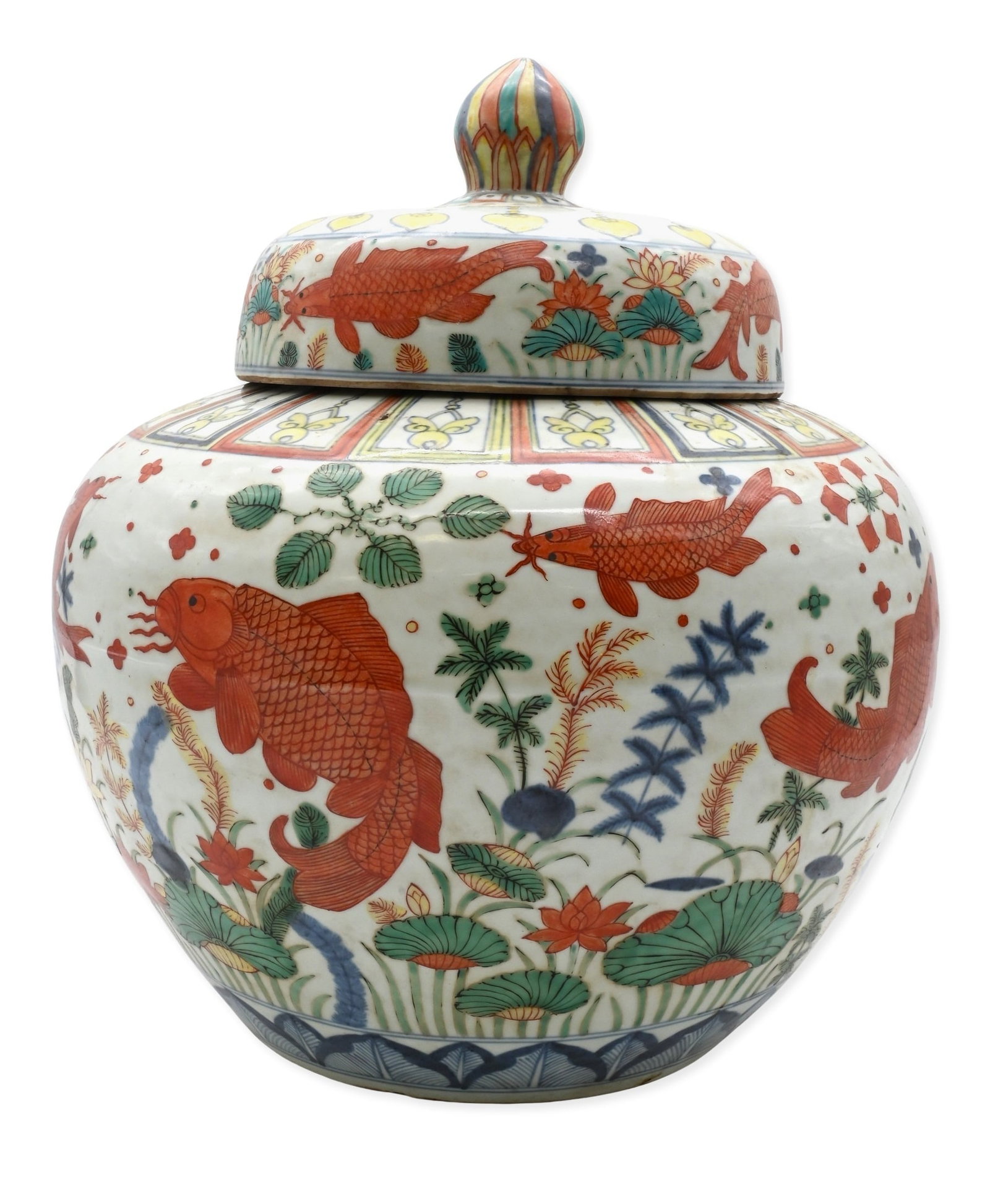 Large Chinese Wucai Fish and Algae Covered Ginger Jar: Large Chinese Wucai Fish and Algae Covered Ginger Jar decorated by carp or goldfish swimming among algae and seaweed, bearing a blue and white Jiajing style mark to the underside Height 17 inches, wid