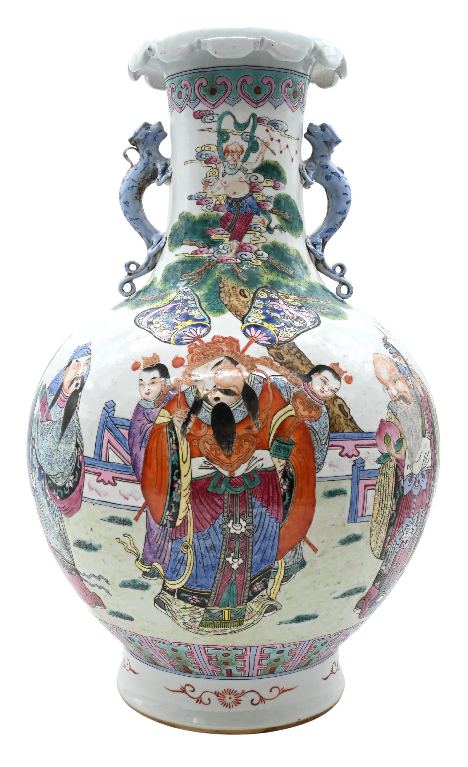 Chinese Daoguang Style Famille Rose Three Star Vase: Chinese Daoguang Style Famille Rose Three Star Vase porcelain vase decorated by the Three Stars (Fu, Lu, and Shou), the flared neck terminating in a ruyi cloud rim and flanked by chilong handles, red 
