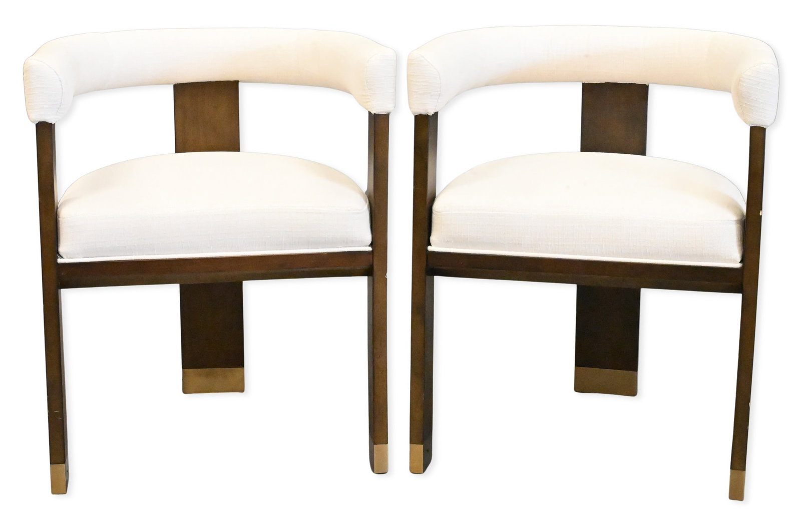 Pair of Contemporary Upholstered Armchairs: Pair of Contemporary Upholstered Armchairs Contemporary armchairs having cream upholstered barrel-form backs and seats, raised on dark wood frames with square legs and brass-capped feet. Height 28