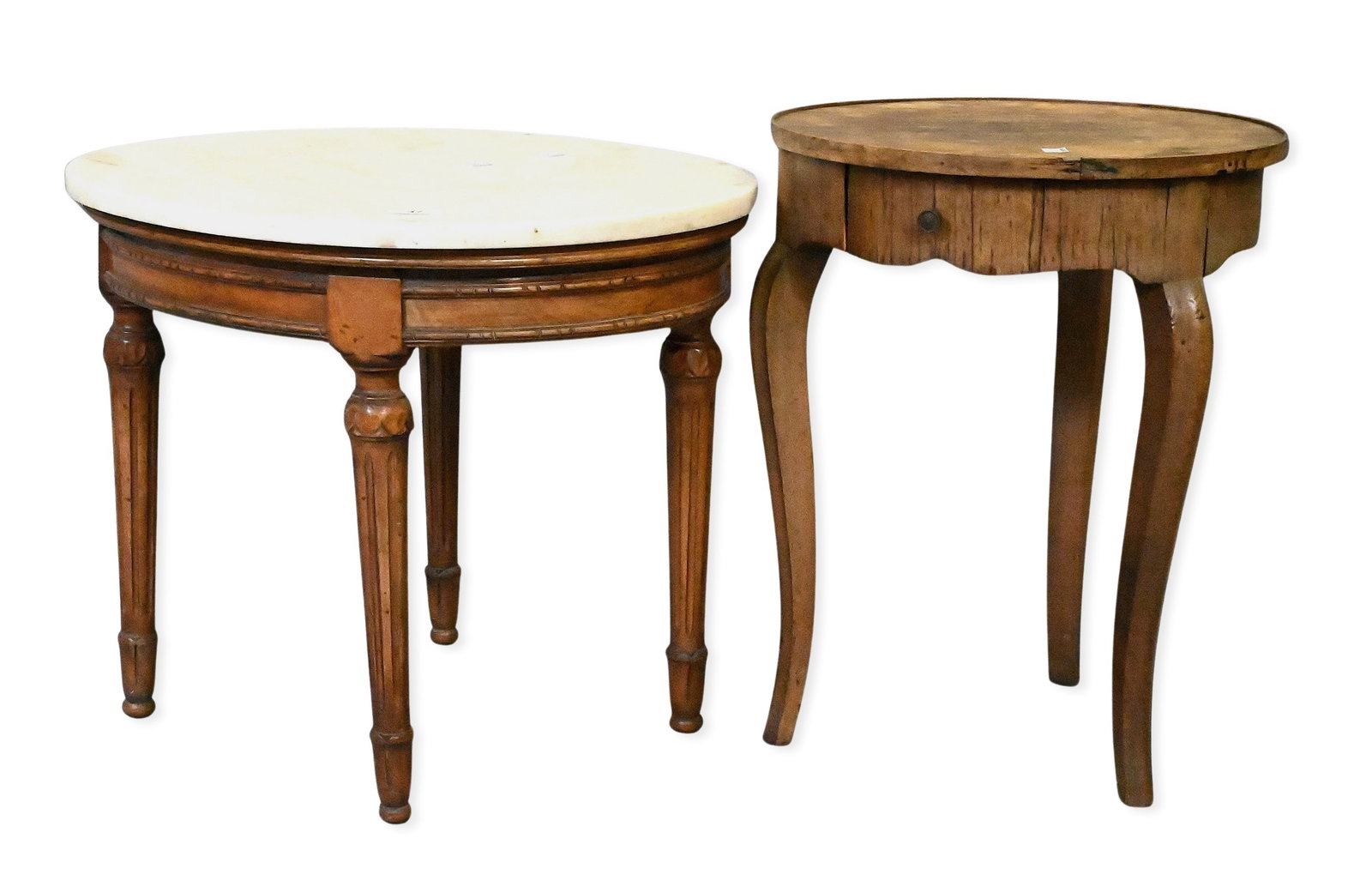Two Small Louis XVI Style Occasional Tables: Two Small Louis XVI Style Occasional Tables to include Louis XVI style oval marble top table raised on fluted column legs joined by a shaped stretcher. Height 17 inches, width 22 inches along with Lou