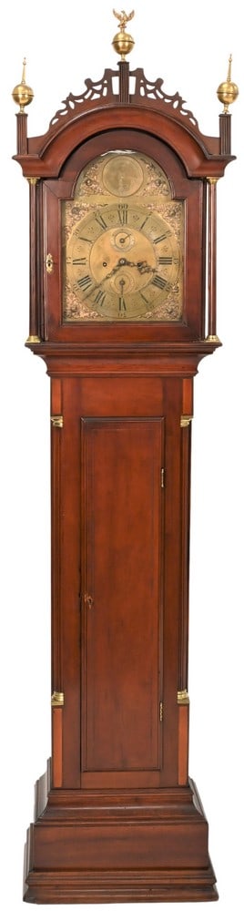 Walter H. Durfee Inlaid Mahogany Tall Case Grandfather Clock: Walter H. Durfee Inlaid Mahogany Tall Case Grandfather Clock having shaped crest and brass finials, single door opening to brass dial, inlaid mahogany case having fluted columns, marked "Warranted Noa
