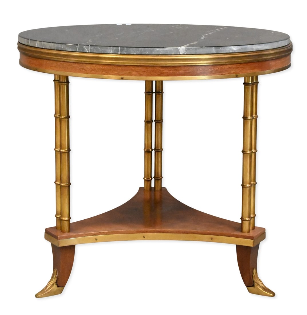 Empire Style Center Table with Black Marble Top: Empire Style Center Table with Black Marble Top with gilt highlights height 28 inches, diameter 31 inches