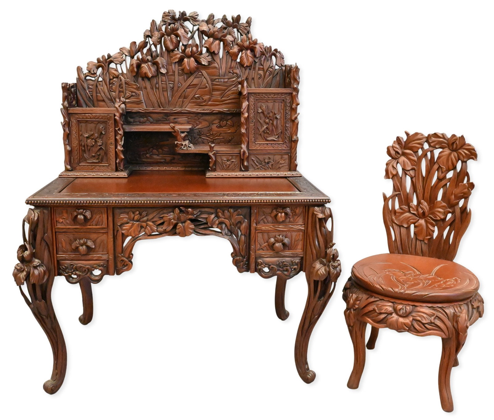 20th Century Carved Japanese Art Nouveau Desk and Chair: 20th Century Carved Japanese Art Nouveau Desk and Chair having ornate floral carvings. Desk: 60" high, 42" wide, 28" deep. Chair: 38" high.