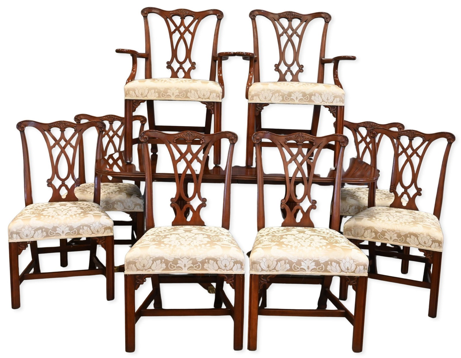 Nine Piece Henkel Harris Dining Set: Nine Piece Henkel Harris Dining Set to include Double pedestal dining table having rounded rectangular top, fitted for four leaves, raised on reeded urn-form pedestals over tripod downswept legs termi