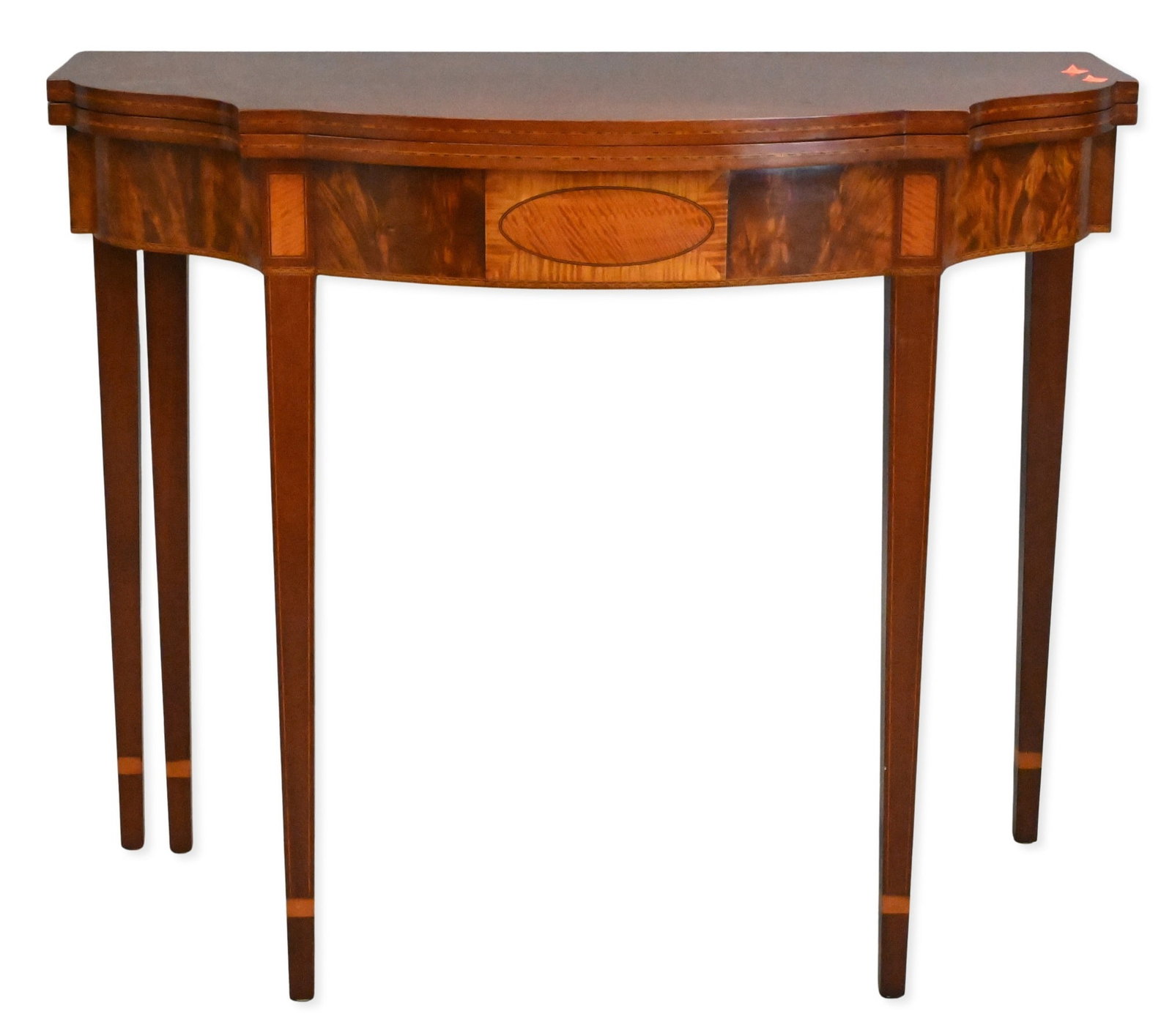 Federal Style Margolis Mahogany Inlaid Games/Console Table: Federal Style Margolis Mahogany Inlaid Games/Console Table having inlays, marked Nathan Margolis (top loose, hinges are broken out) height 29 1/2 inches, top 17 1/2" x 36"
