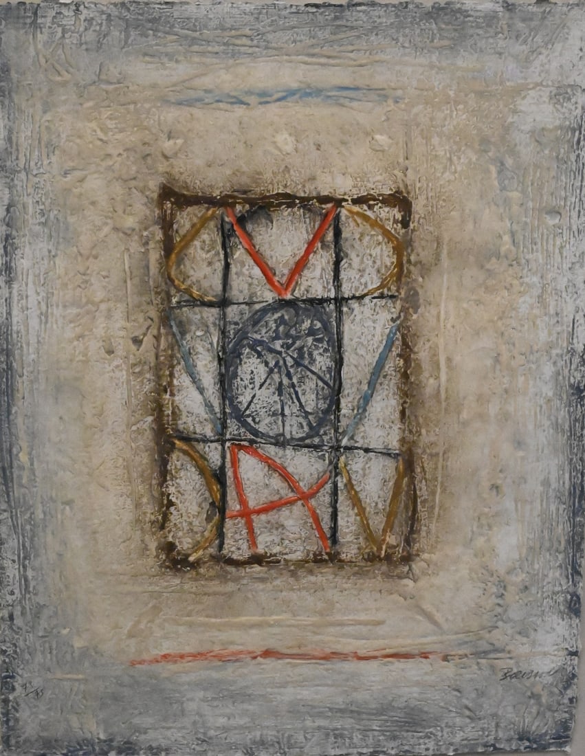 Pierre Marie Brisson (French B.1955): Pierre Marie Brisson (French B.1955) "Grammar of Love" Mixed media carborundum etching in colors, embossing, edition 73/75 Signed lower right Brisson 26" x 20" sheet, 34" x 27 1/2" frame