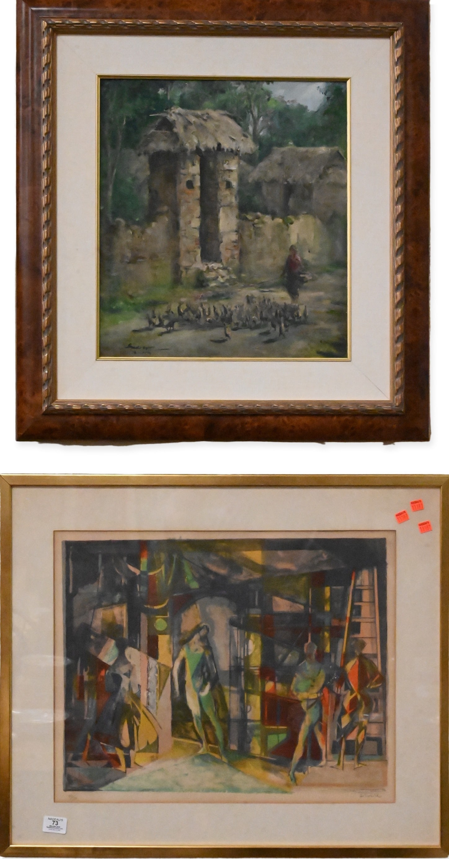 Three Piece Decorative Framed Grouping: Three Piece Decorative Framed Grouping to include Camille Hilaire (French/German 1916-2004) "Rehearsal" Color lithograph on paper, signed and numbered 15/120 in pencil lower margin. 16" x 21" image