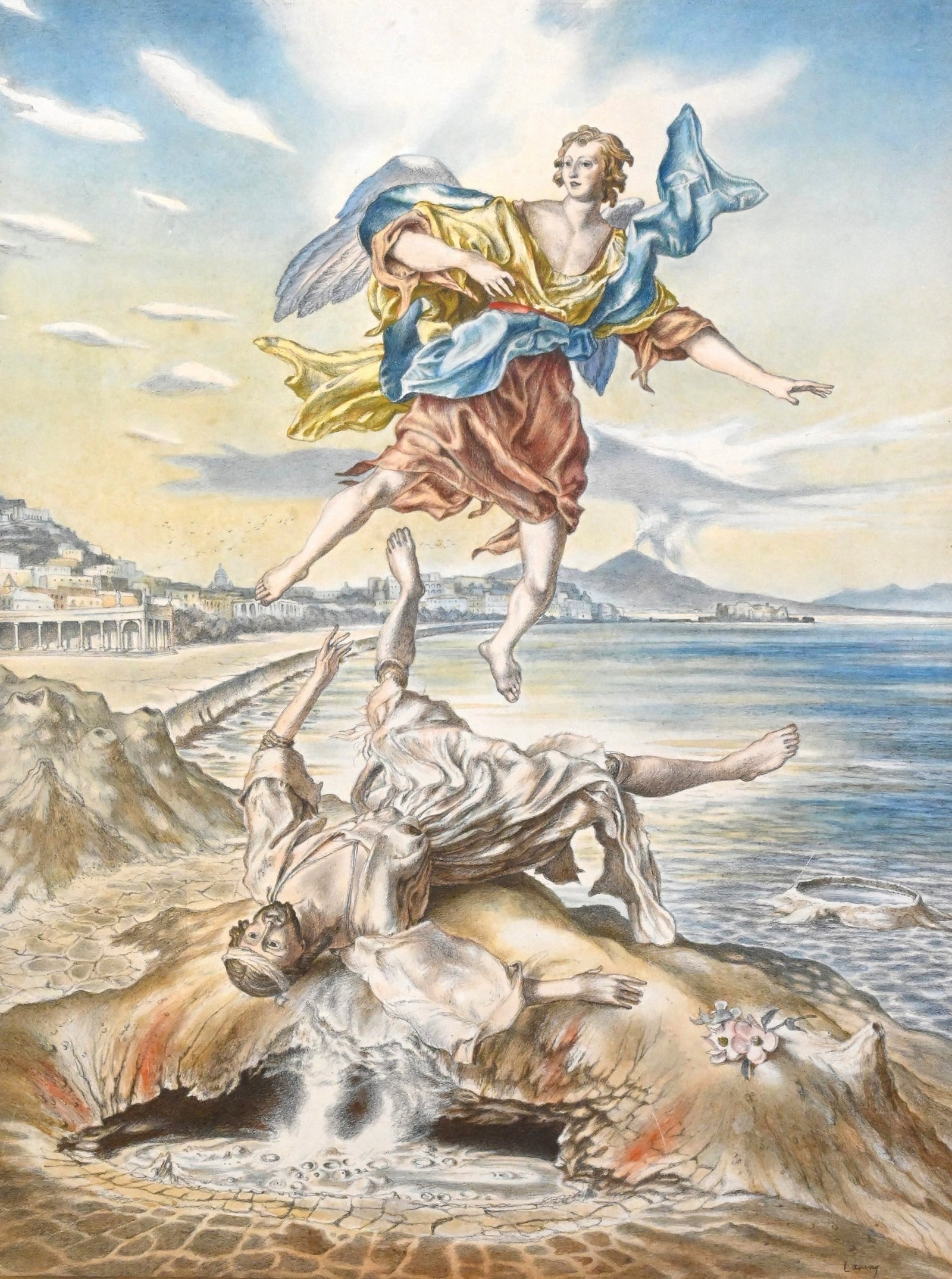 Edward Laning (American 1906-1981): Edward Laning (American 1906-1981) "Creche Figures in Naples" depicting the Archangel St. Michael defeating the fallen angel, Satan, a view of Naples, Italy in the background Watercolor, colored penci