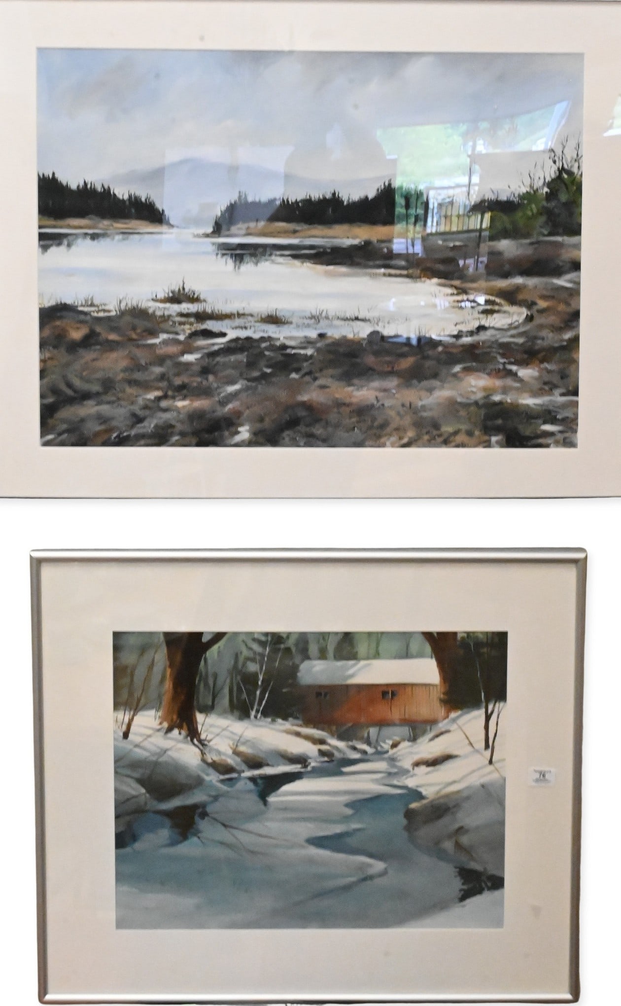Two Framed Watercolor Landscapes: Two Framed Watercolor Landscapes to include Steve Zazenski (American 20th Century) "Covered Bridge in the Snow" Watercolor on paper Signed lower left Steve Zazenski 17" x 22" sight Provenance: