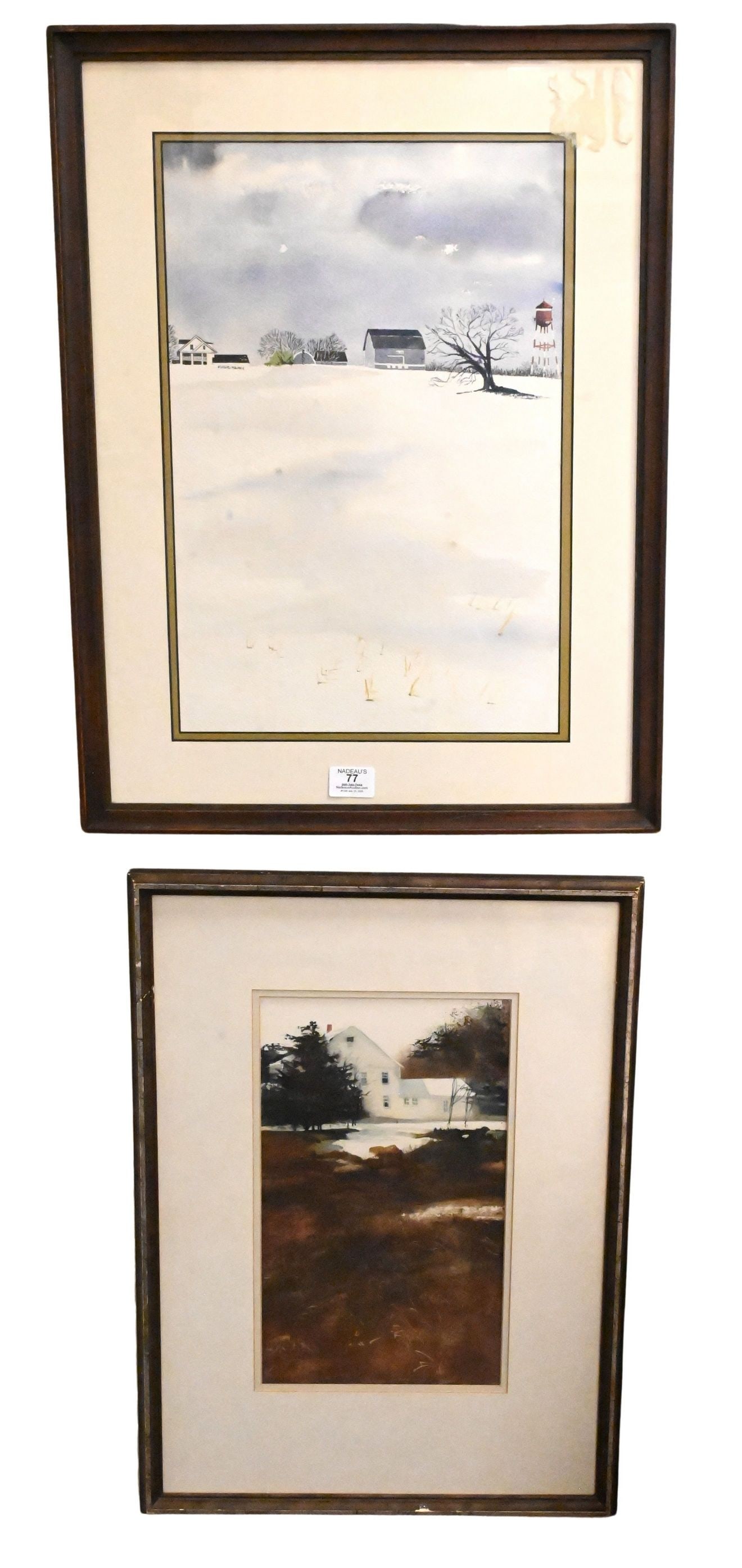 Three Framed Watercolor Winter Landscapes: Three Framed Watercolor Winter Landscapes to include Robert Highsmith (American B.1949) "White Colonial in the Snow" Signed lower right Highsmith Susan Seseske Wolanic (American 1947-2024) "Farmhouse 