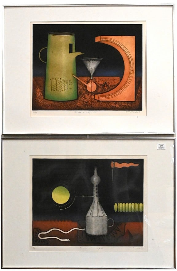 Two: Thomas O'Donohue (American B. 1942): Two: Thomas O'Donohue (American B. 1942) "Secret Writing" Aquatint etching, edition 30/99 Signed lower right "O'Donohue" 23 1/2" x 31 1/2" frame "Ancient Dreams" Etching, edition 13/99 Signed lower