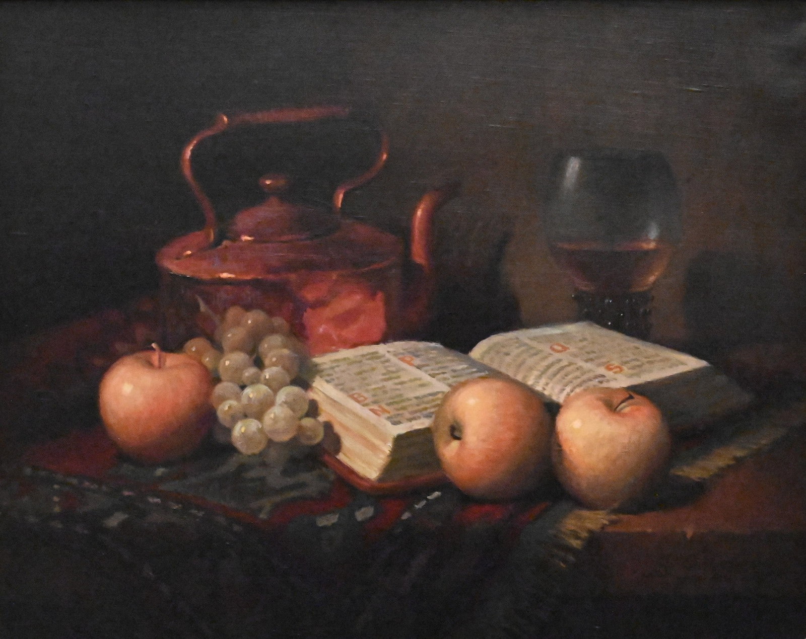 Guerino Angeli (Italian 1926-2011): Guerino Angeli (Italian 1926-2011) "Still Life with Fruit and Book" Oil on canvas Signed lower right G. Angeli 16" x 20" canvas