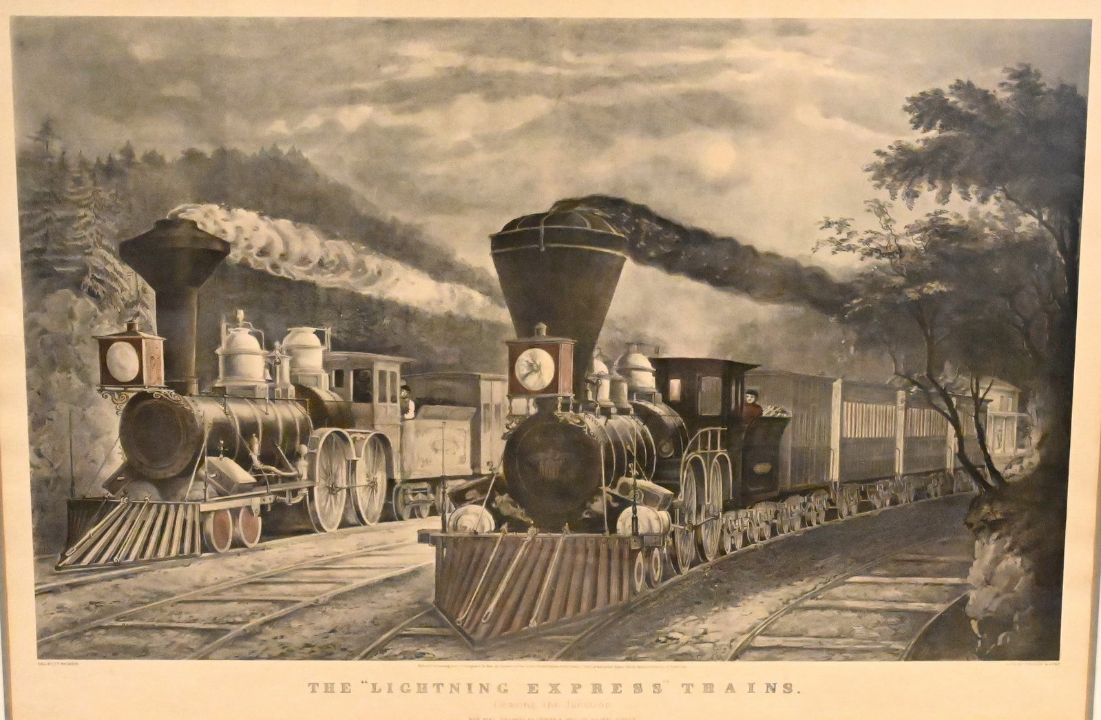 Currier & Ives "Leaving the Junction" (Lightning Express Trains): Currier & Ives "Leaving the Junction" (Lightning Express Trains) Lithograph depicting two steam locomotives passing at speed, titled Leaving the Junction. originally published by Currier & Ives, New Y