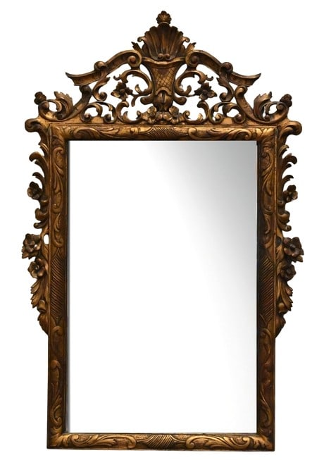 Italian Baroque Style Carved Wood Mirror: Italian Baroque Style Carved Wood Mirror the rectangular mirror plate within a carved wood frame featuring scrolling acanthus leaves, floral decoration, and a pierced crest centered by a shell-form ca