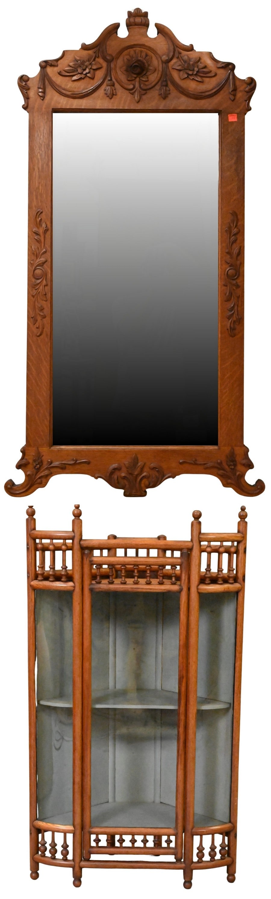 Two Piece Furniture Lot: Two Piece Furniture Lot to include a quarter-sawn oak wall mirror retaining its original finish 47" x 23", and a Stick and Ball oak corner curio cabinet having glazed doors and display shelves, height