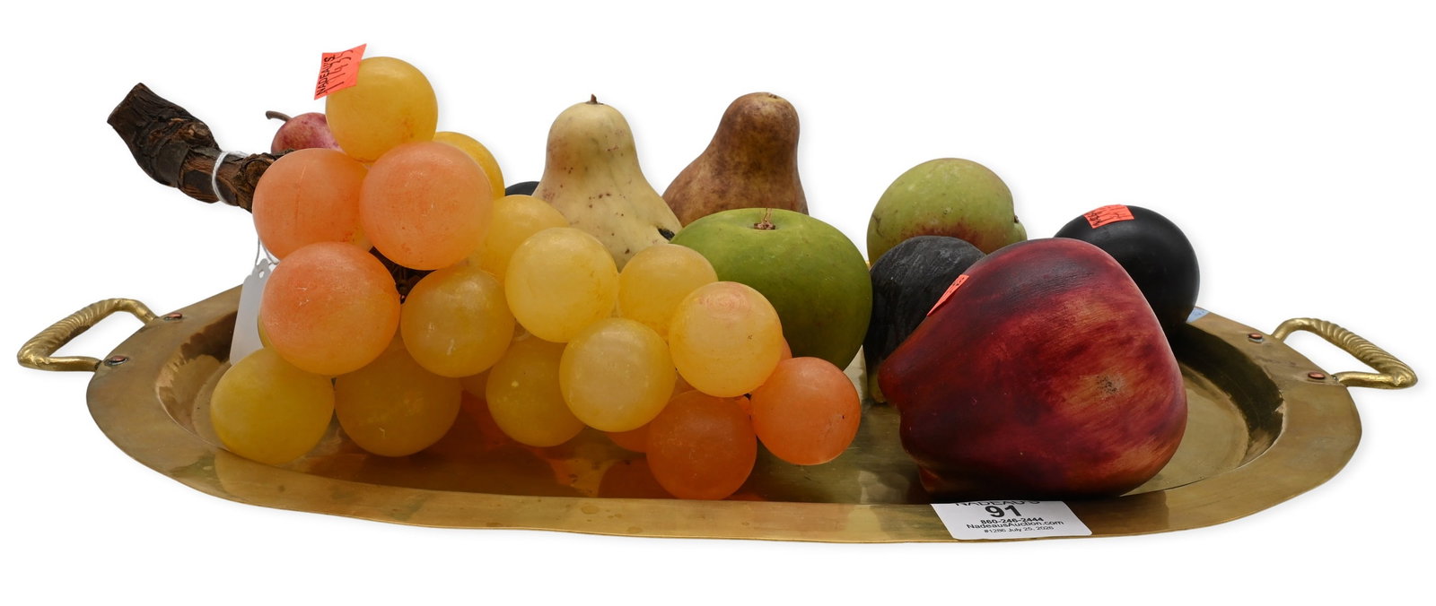 Collection of Painted Alabaster Stone Fruit: Collection of Painted Alabaster Stone Fruit Decorative collection of painted stone fruit including apples, pears, peaches, figs, plums, apple, and a cluster of alabaster grapes, realistically carved a