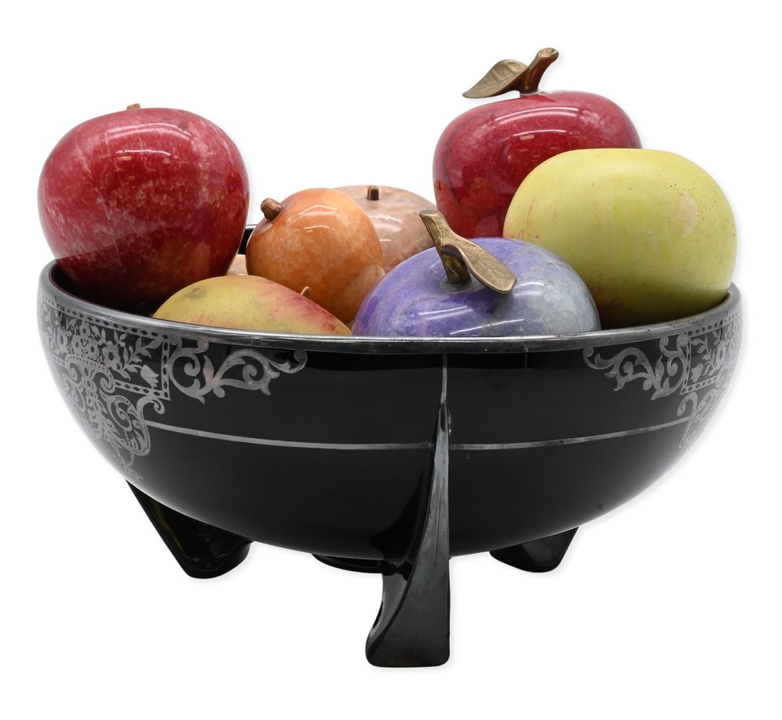Collection of Carved Alabaster and Stone Fruit Apples: Collection of Carved Alabaster and Stone Fruit Apples Including realistic painted alabaster examples and natural stone specimen fruit, some having natural stems or brass stems tallest height 4 inches 