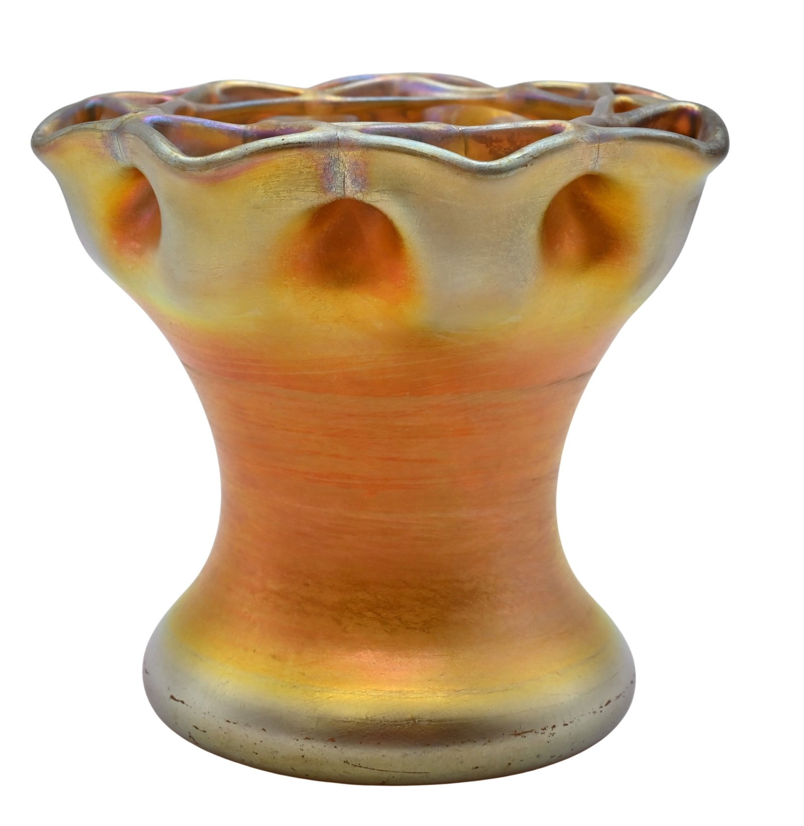 Tiffany Studios Favrile Flower Frog Vase, circa 1910: Tiffany Studios Favrile Flower Frog Vase, circa 1910 vase of footed form, the openwork rim formed having organic scrolling apertures, decorated throughout in gold and amber iridescence, engraved "L.C.