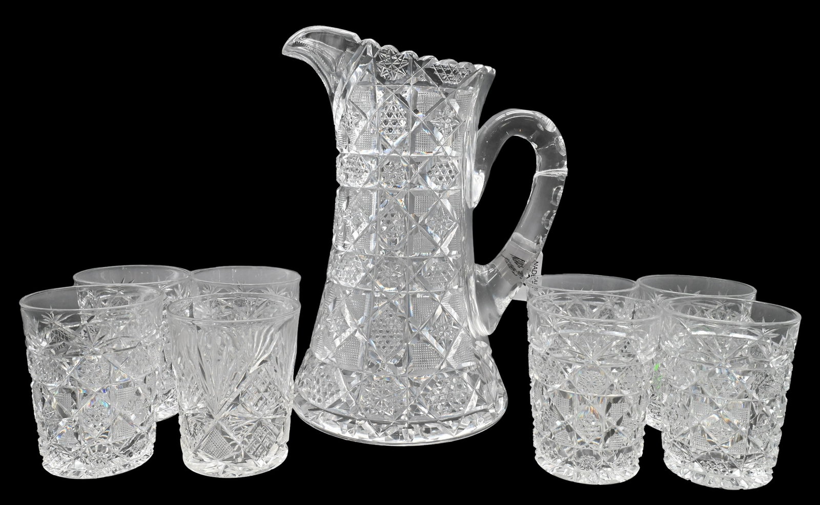 Nine Piece American Brilliant Cut Glass Pitcher and Tumbler Set (1 of 6)
