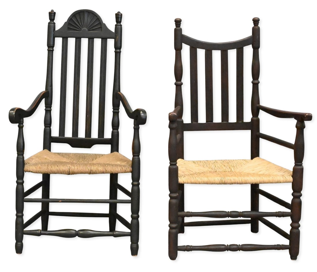 Two Bannister Back Arm Chairs: Two Bannister Back Arm Chairs with rush seats, 18th century height 44 1/2 inches and 43 inches, width 24 1/2 inches and 25 inches